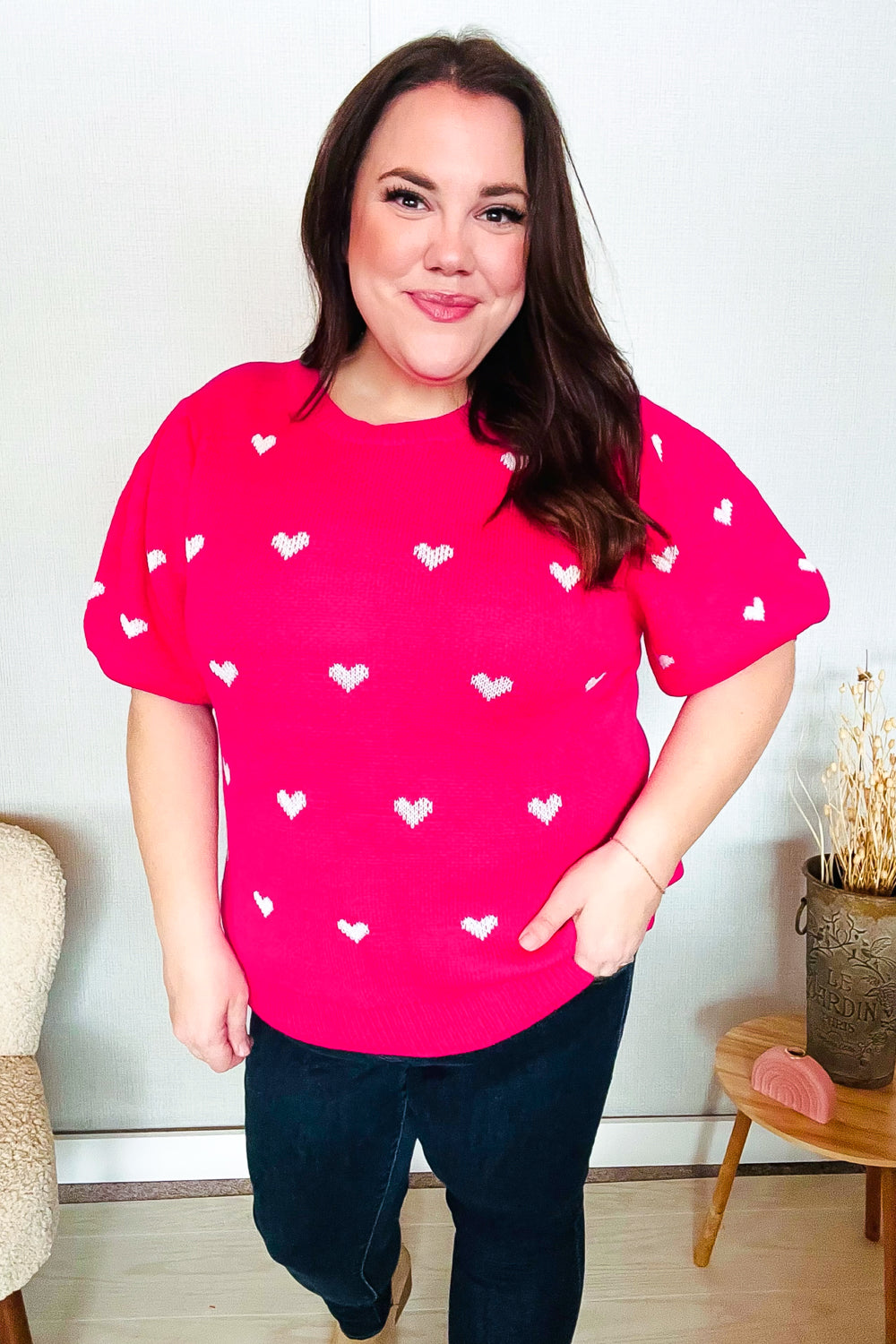 Haptics Be Mine Pink & White Heart Oversized Jacquard Sweater