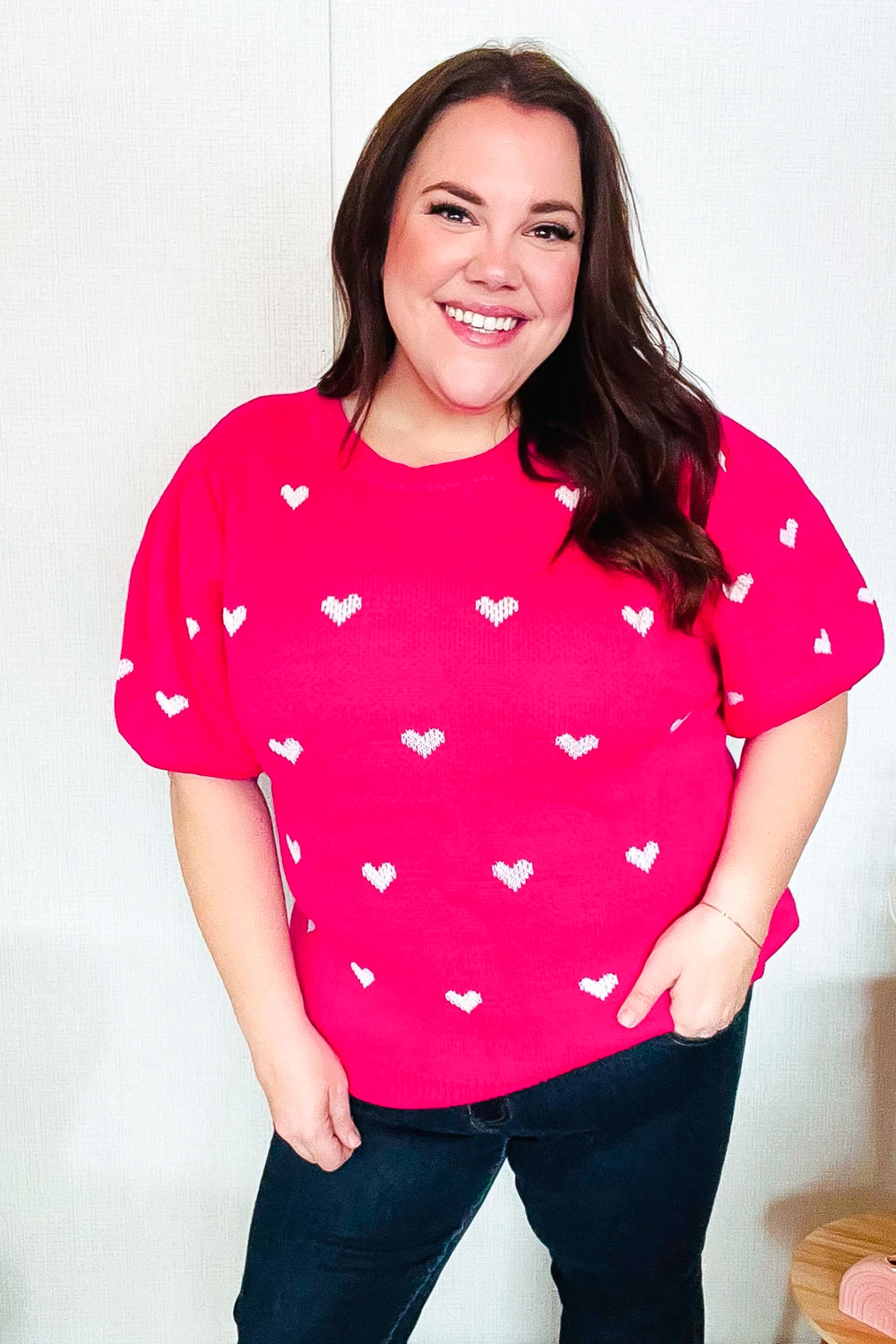 Haptics Be Mine Pink & White Heart Oversized Jacquard Sweater