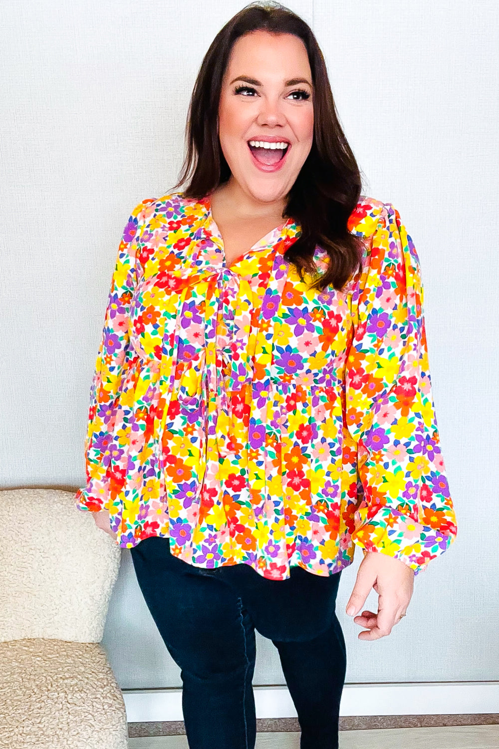 Haptics Chasing Dreams Ribbon Tie Bow Babydoll Puff Elastic Sleeve Floral Top