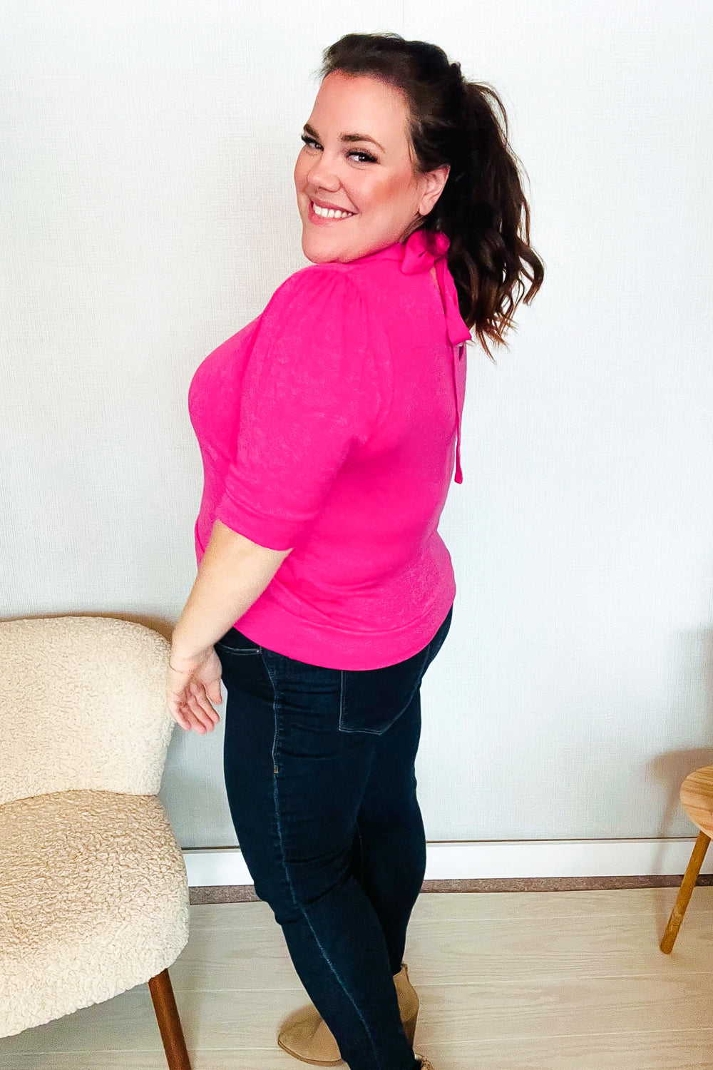 Haptics Pink Mock Neck With Back Ribbon Bow Tie Sweater Top