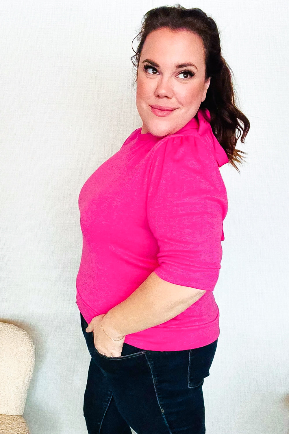 Haptics Pink Mock Neck With Back Ribbon Bow Tie Sweater Top