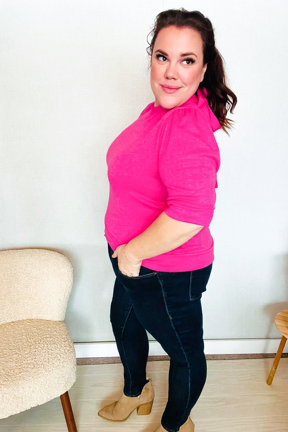 Haptics Pink Mock Neck With Back Ribbon Bow Tie Sweater Top