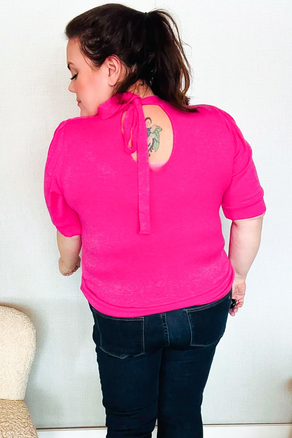 Haptics Pink Mock Neck With Back Ribbon Bow Tie Sweater Top