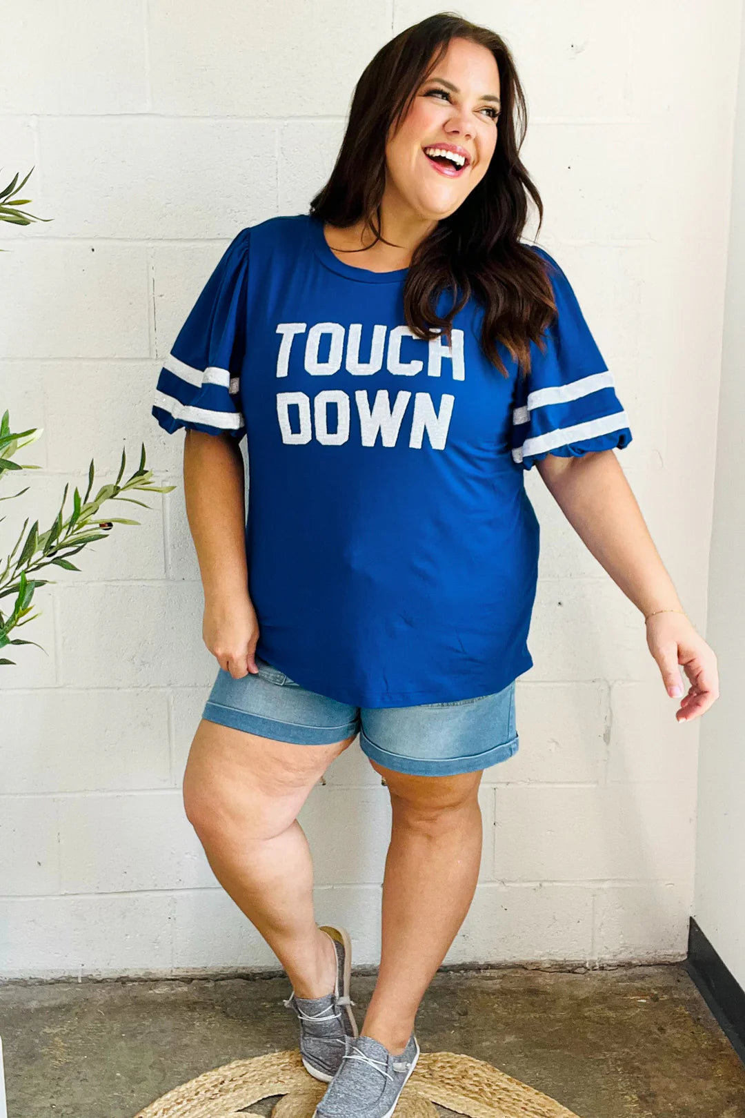 Haptics Stand Out Blue "TOUCHDOWN" Sequin Bubble Sleeve Game Day Top Final Sale