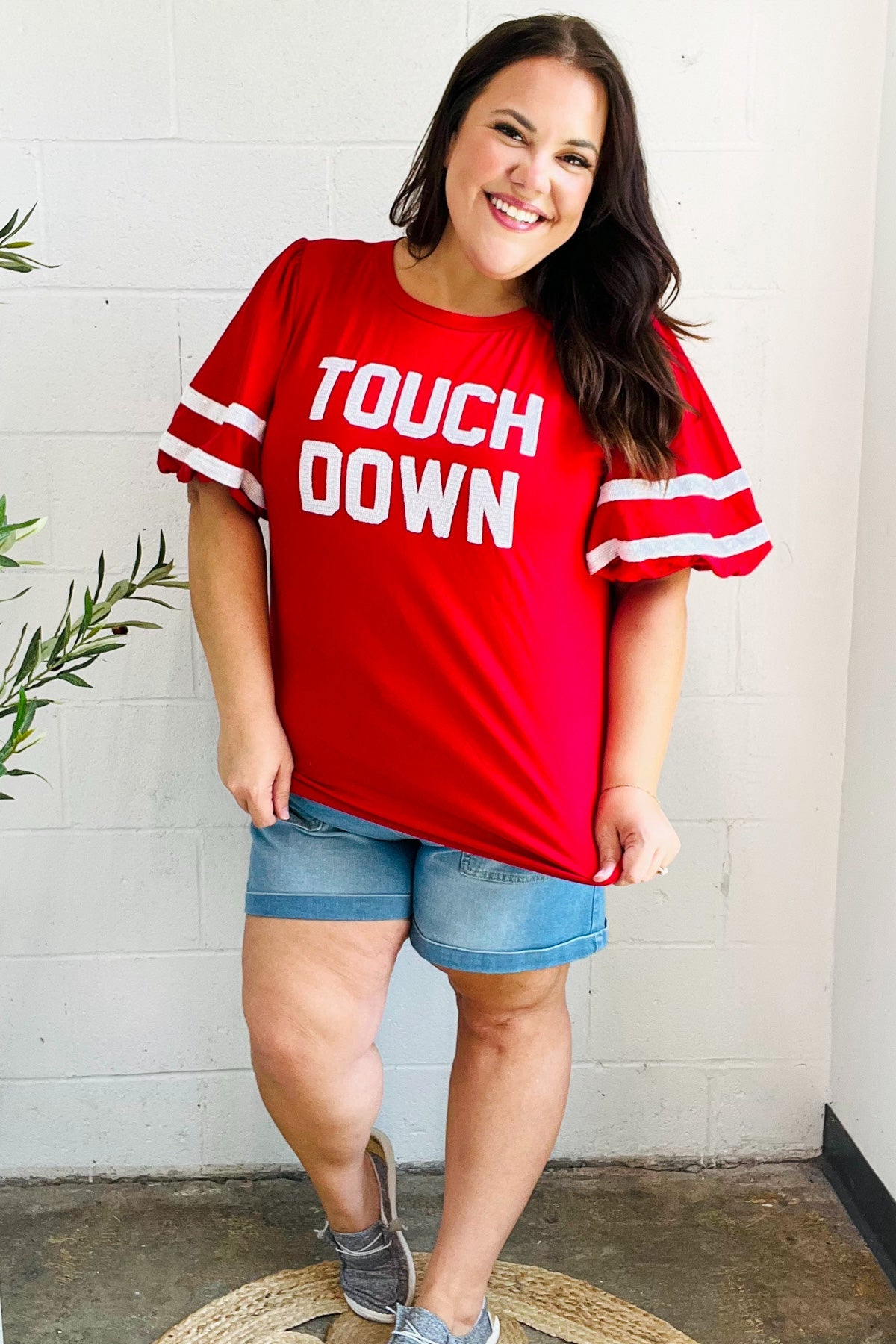 Haptics Stand Out Red "TOUCHDOWN" Sequin Bubble Sleeve Game Day Top
