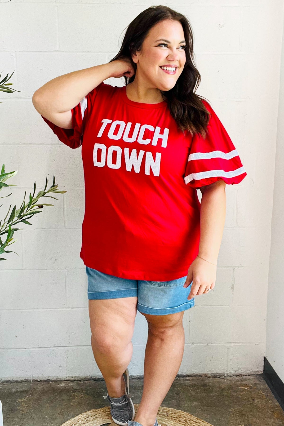 Haptics Stand Out Red "TOUCHDOWN" Sequin Bubble Sleeve Game Day Top