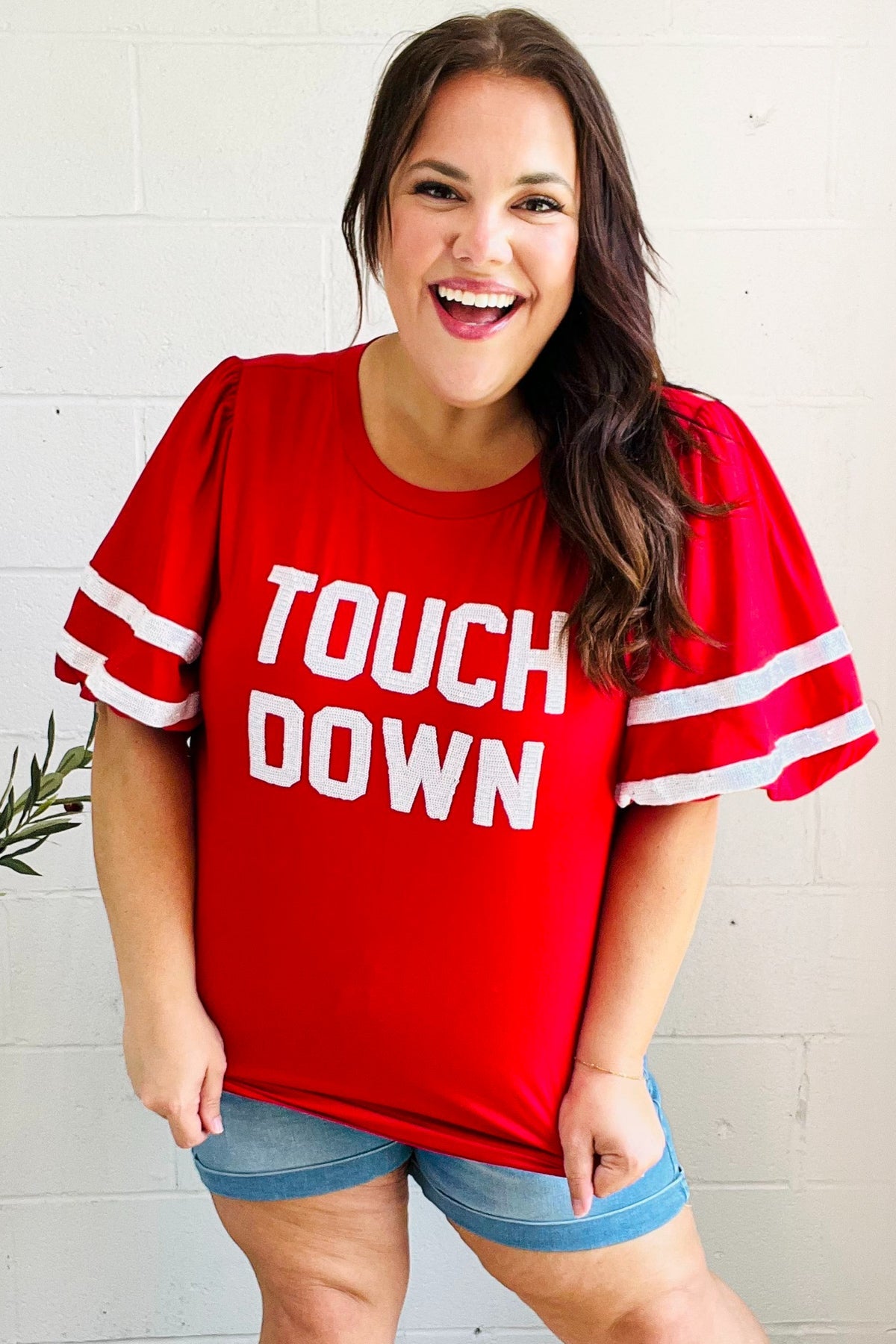 Haptics Stand Out Red "TOUCHDOWN" Sequin Bubble Sleeve Game Day Top