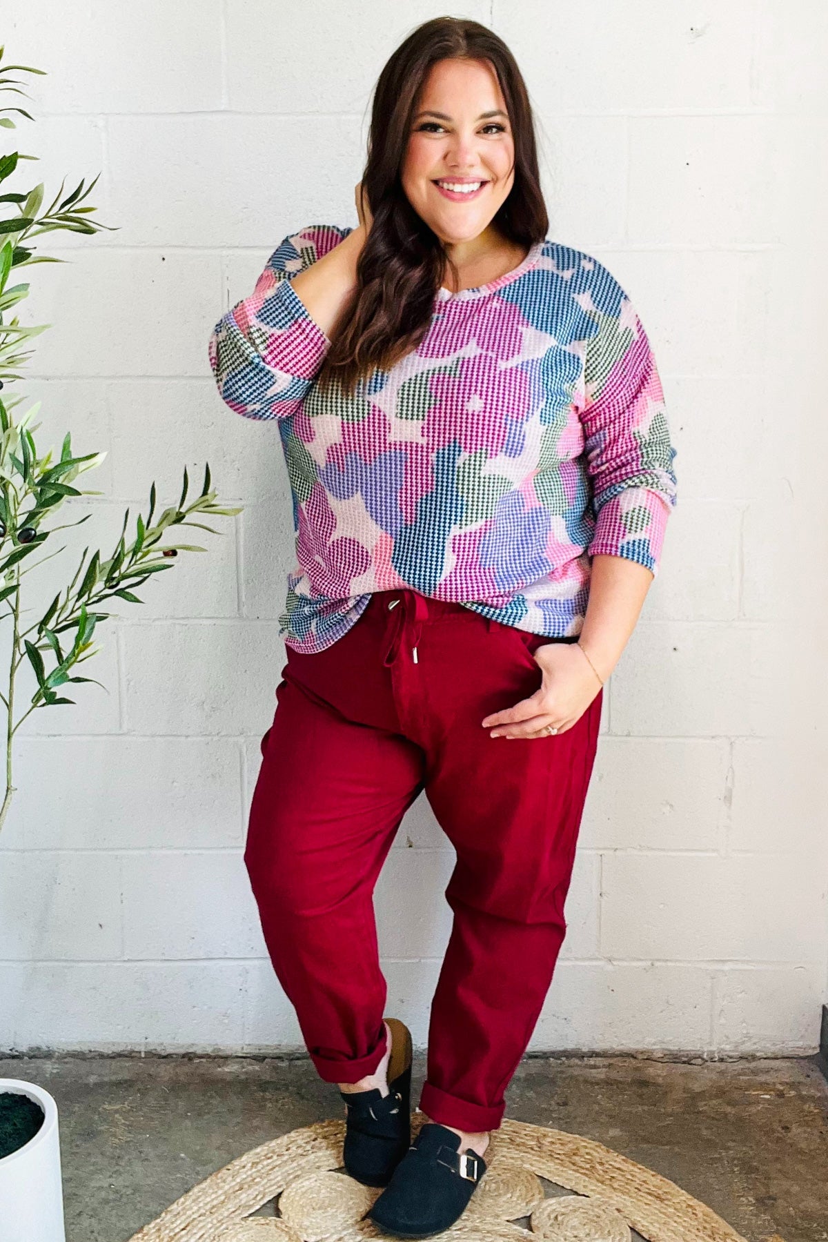 Haptics Beautiful You Magenta Floral Vintage Two Tone Knit Top 2024 Blow-Out Sale