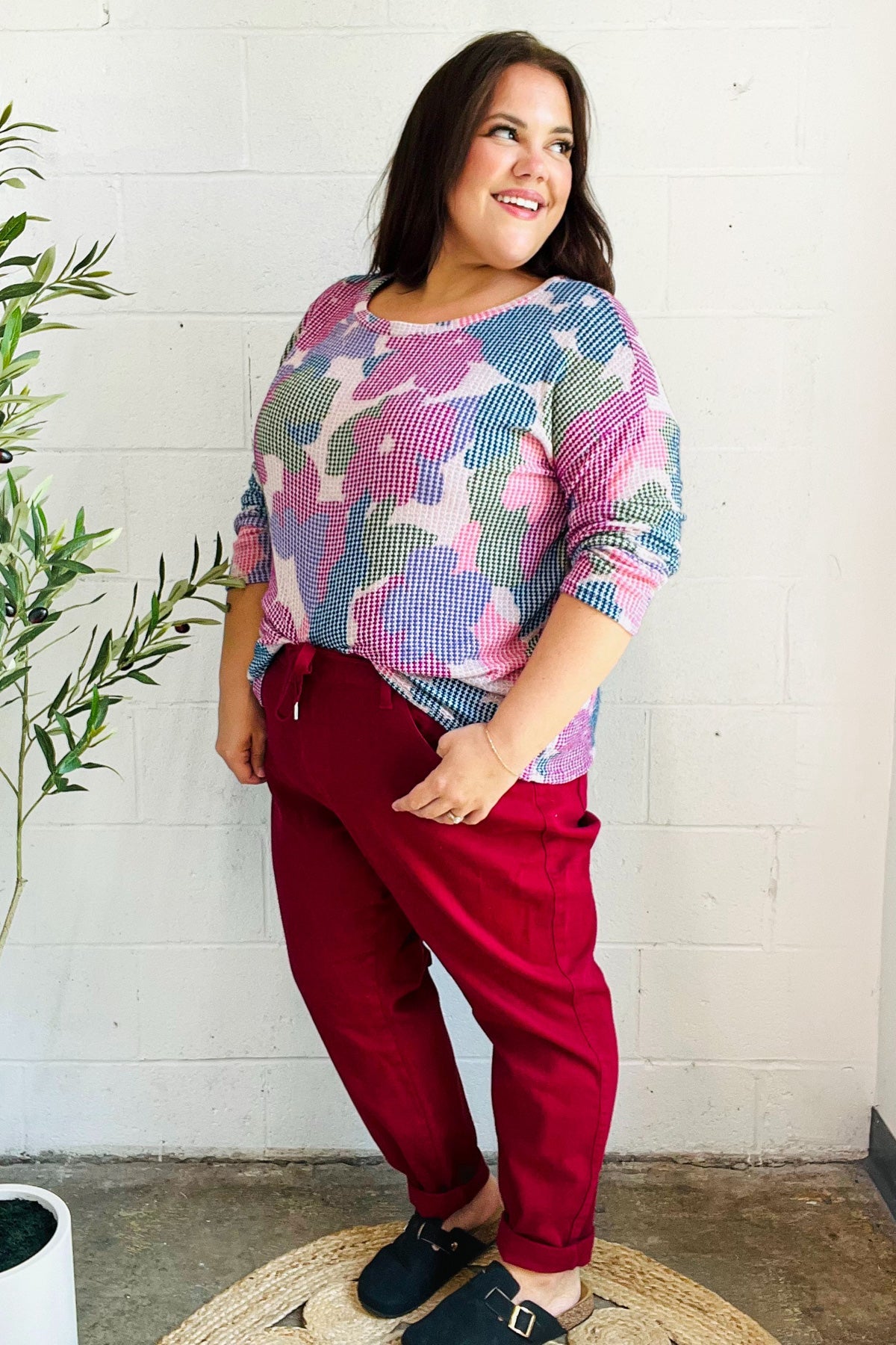 Haptics Beautiful You Magenta Floral Vintage Two Tone Knit Top 2024 Blow-Out Sale