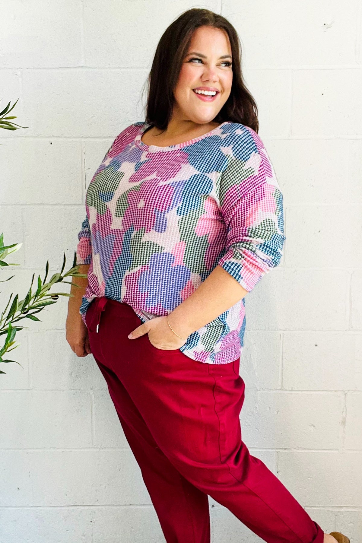 Haptics Beautiful You Magenta Floral Vintage Two Tone Knit Top 2024 Blow-Out Sale