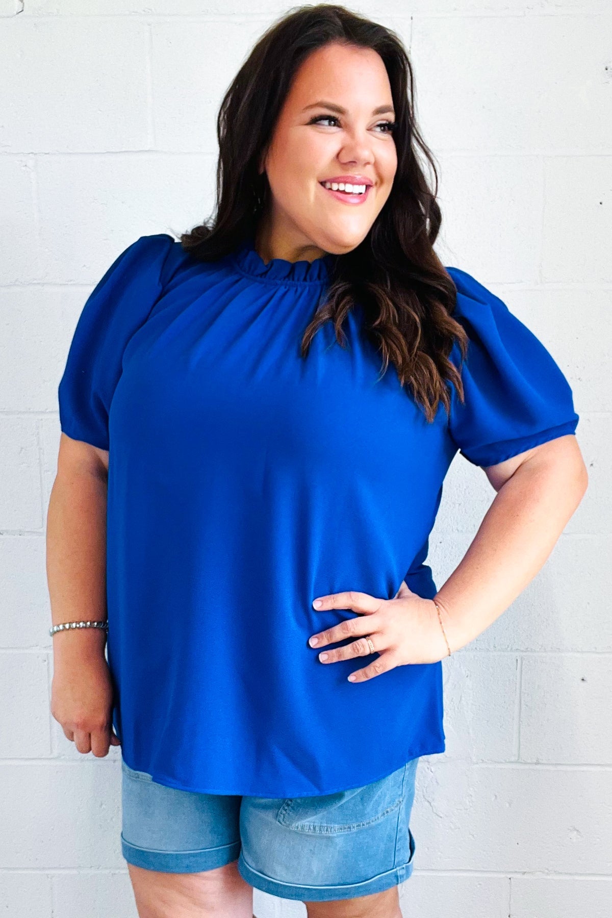 Haptics Lovely In Holiday Blue Frill Mock Neck Woven Top Final Sale