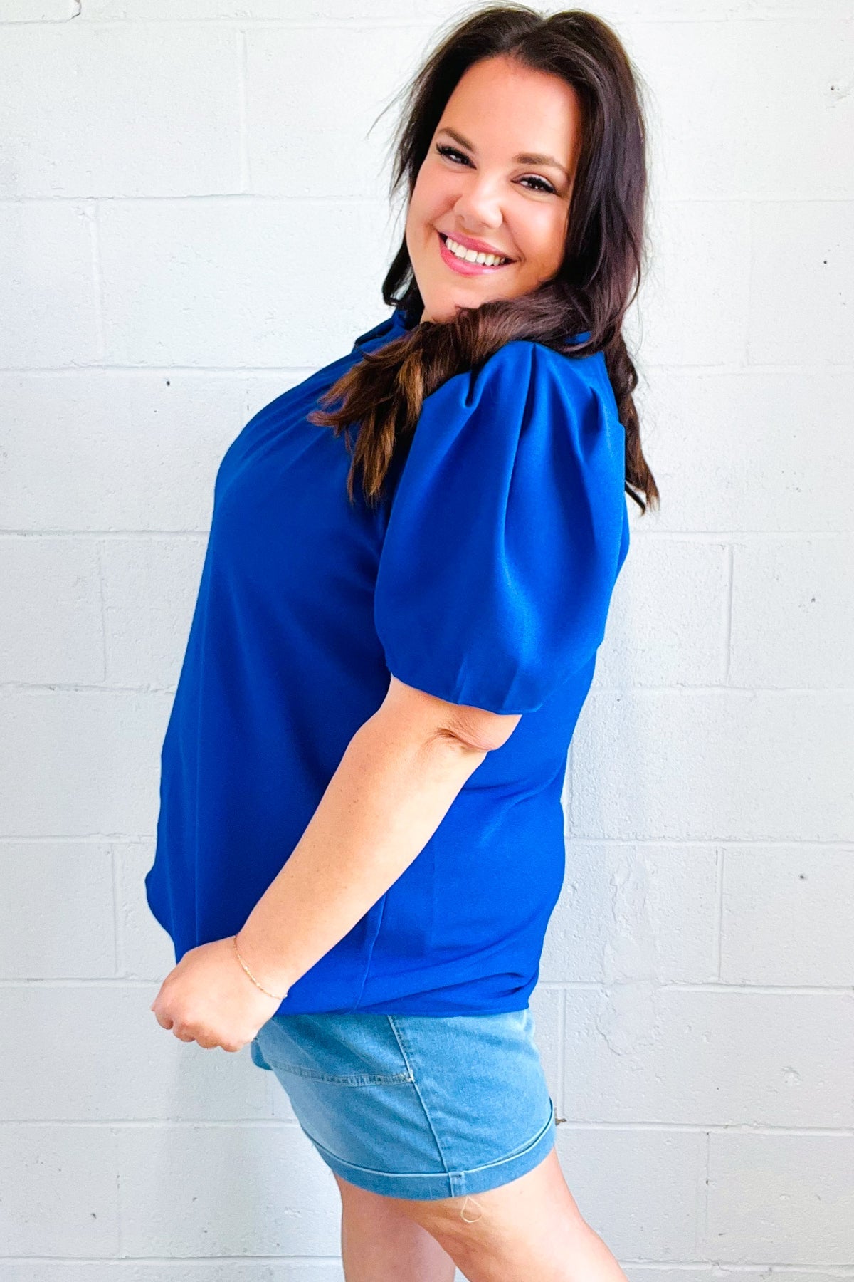 Haptics Lovely In Holiday Blue Frill Mock Neck Woven Top Final Sale