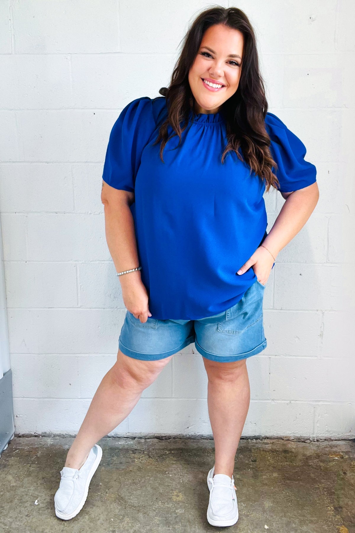 Haptics Lovely In Holiday Blue Frill Mock Neck Woven Top Final Sale