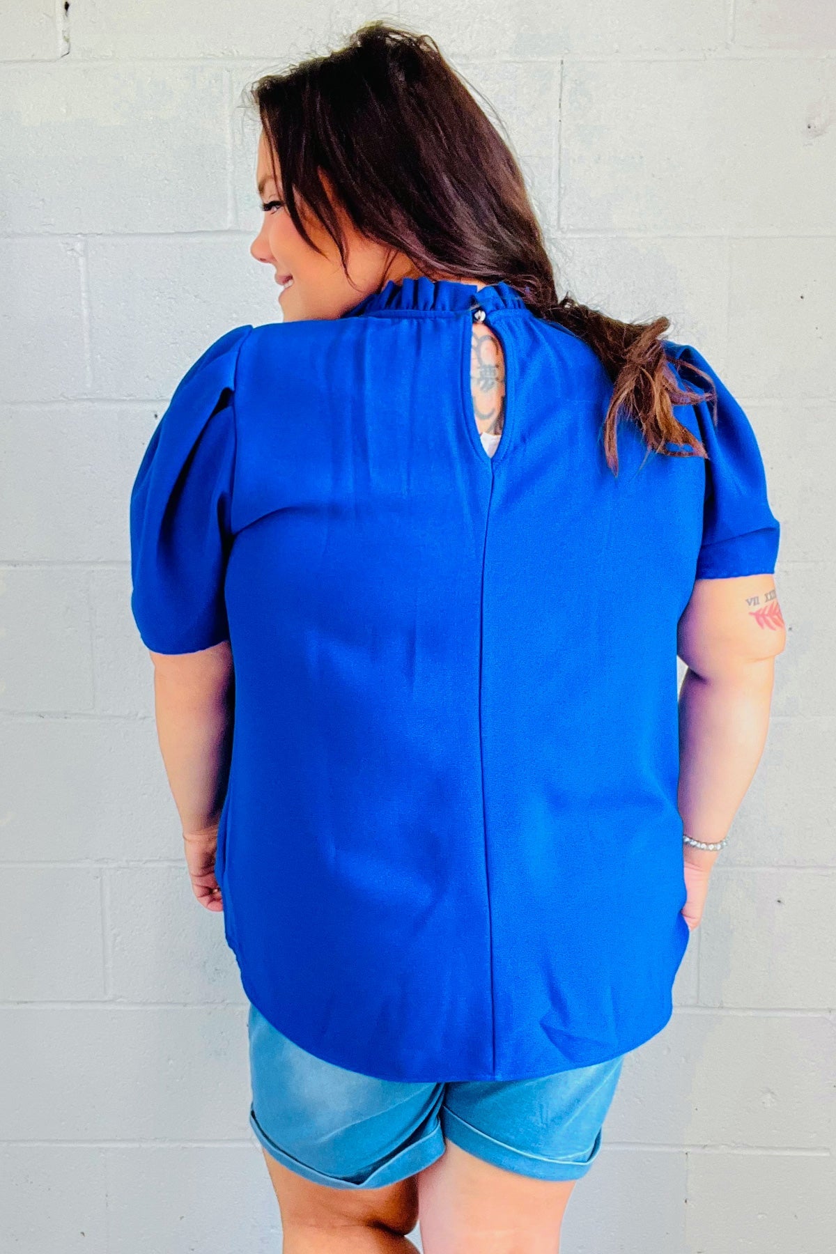 Haptics Lovely In Holiday Blue Frill Mock Neck Woven Top Final Sale