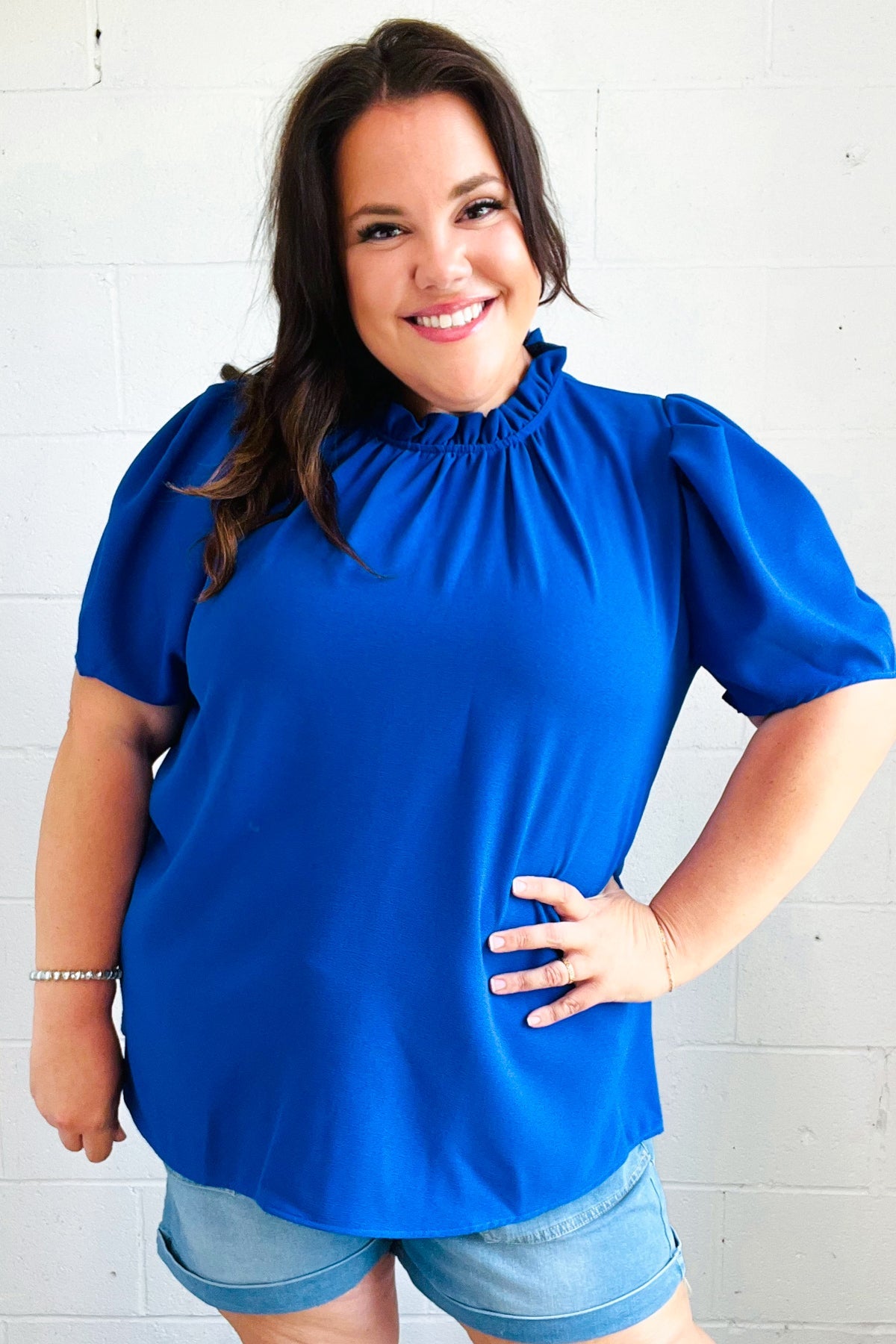 Haptics Lovely In Holiday Blue Frill Mock Neck Woven Top Final Sale