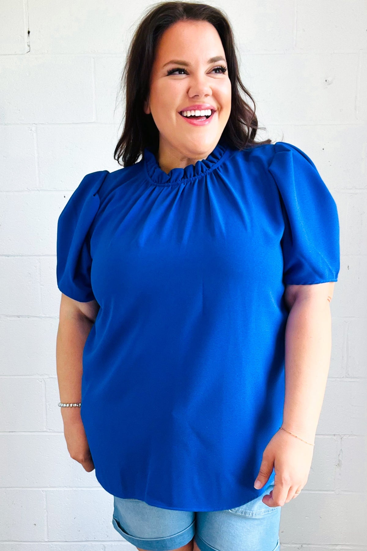 Haptics Lovely In Holiday Blue Frill Mock Neck Woven Top Final Sale