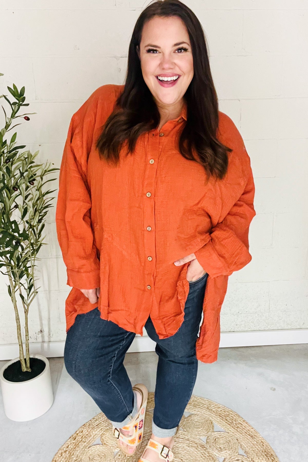 Haptics Everyday Rust Button Down Sharkbite Cotton Tunic Top 2024 Blow-Out Sale