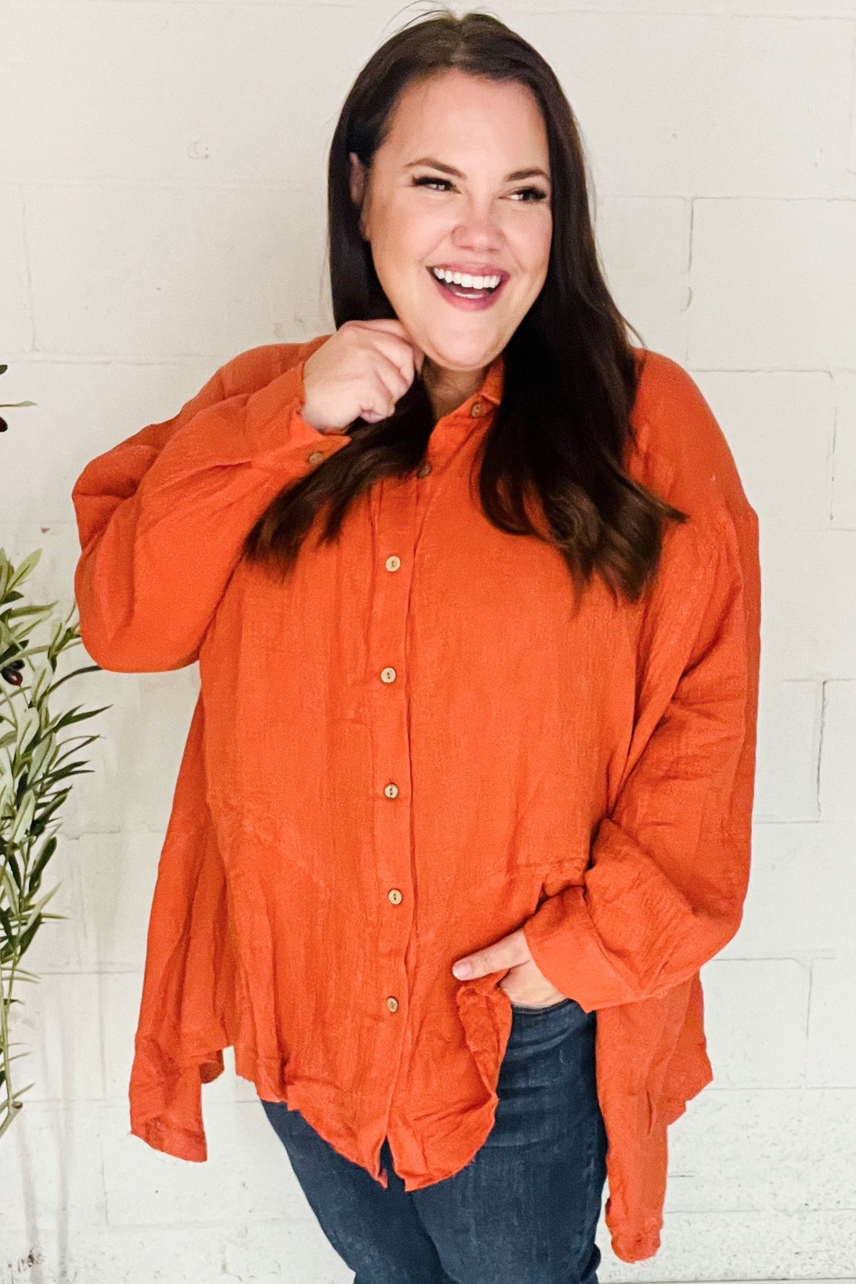 Haptics Everyday Rust Button Down Sharkbite Cotton Tunic Top 2024 Blow-Out Sale
