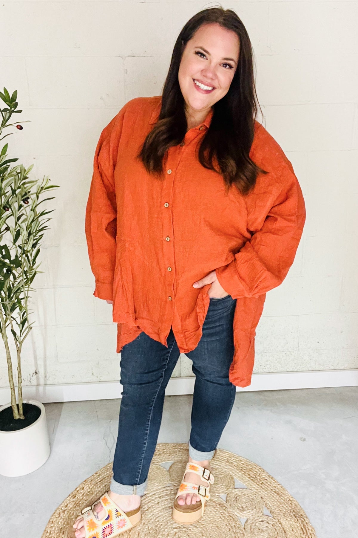 Haptics Everyday Rust Button Down Sharkbite Cotton Tunic Top 2024 Blow-Out Sale