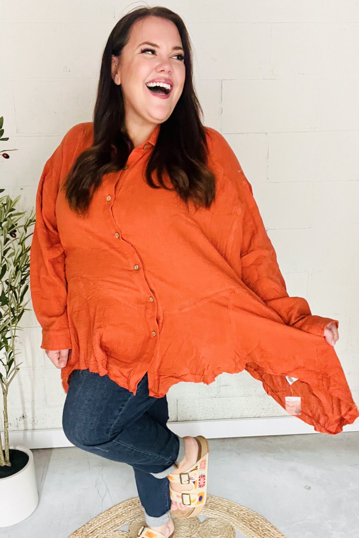 Haptics Everyday Rust Button Down Sharkbite Cotton Tunic Top 2024 Blow-Out Sale