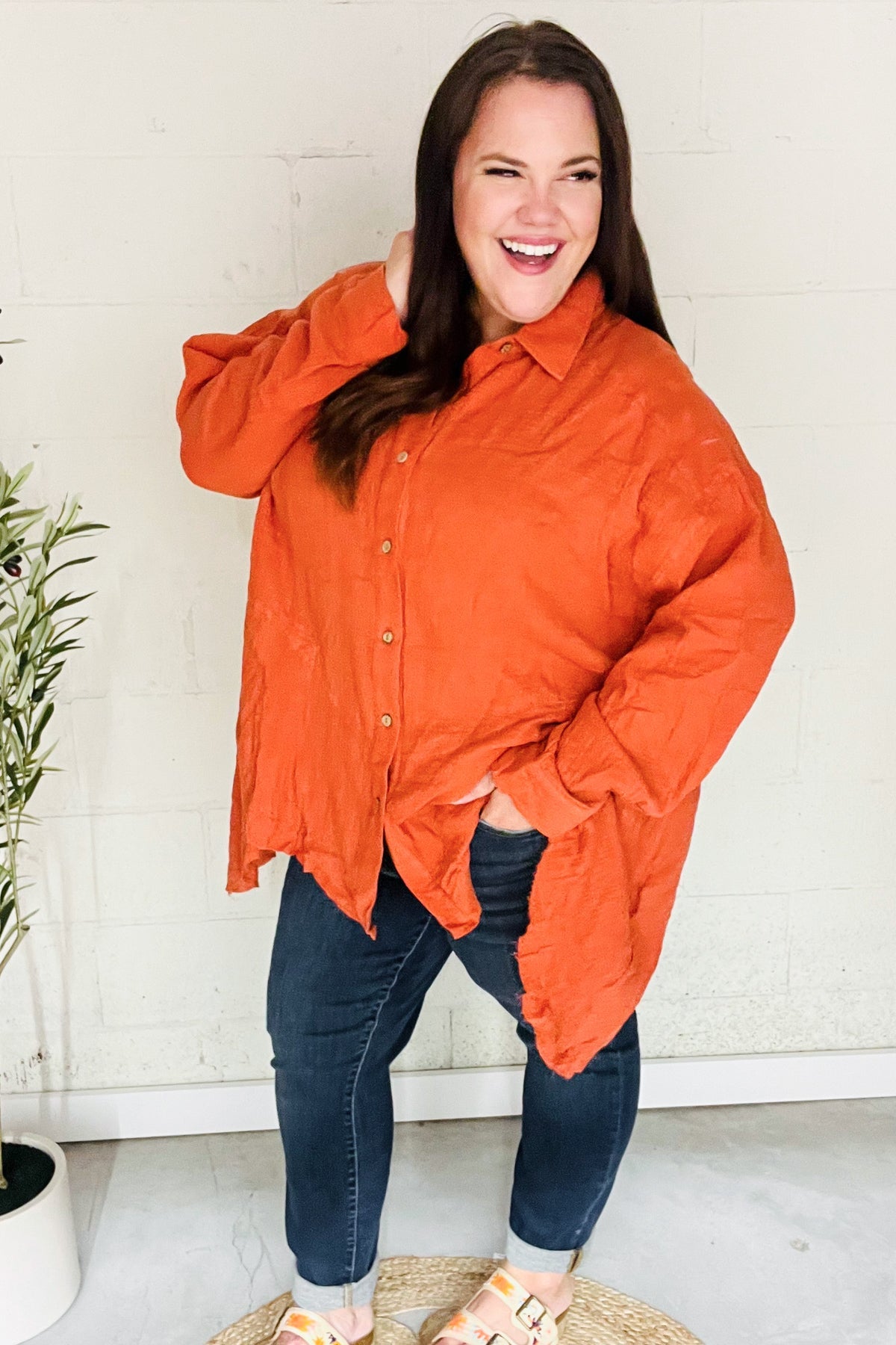 Haptics Everyday Rust Button Down Sharkbite Cotton Tunic Top 2024 Blow-Out Sale