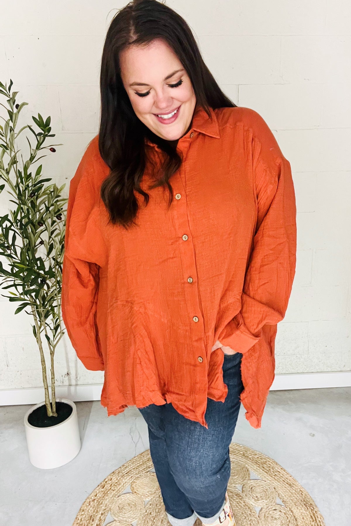 Haptics Everyday Rust Button Down Sharkbite Cotton Tunic Top 2024 Blow-Out Sale
