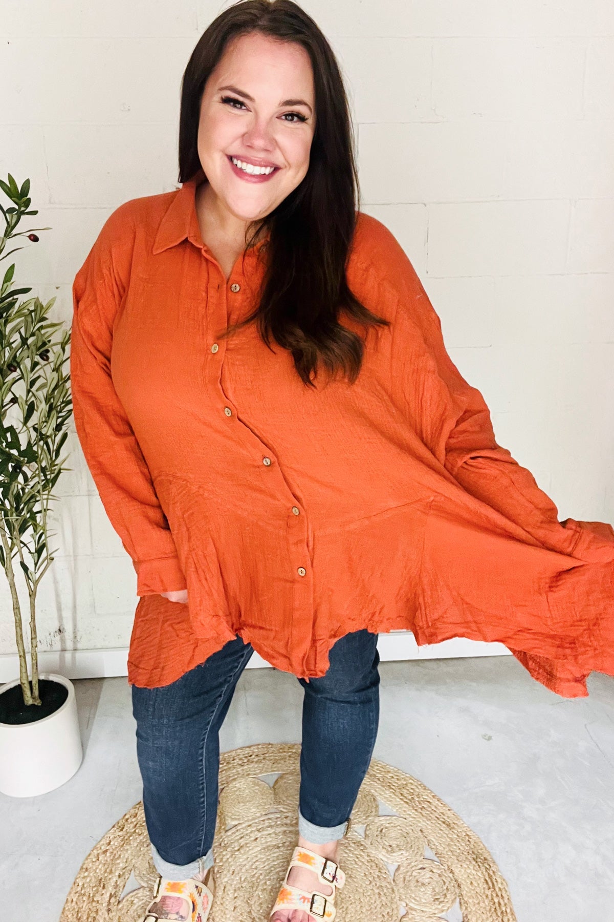 Haptics Everyday Rust Button Down Sharkbite Cotton Tunic Top 2024 Blow-Out Sale