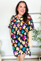 Haptics Ribbon Bow Tie Floral Babydoll Dress with Pockets 2X