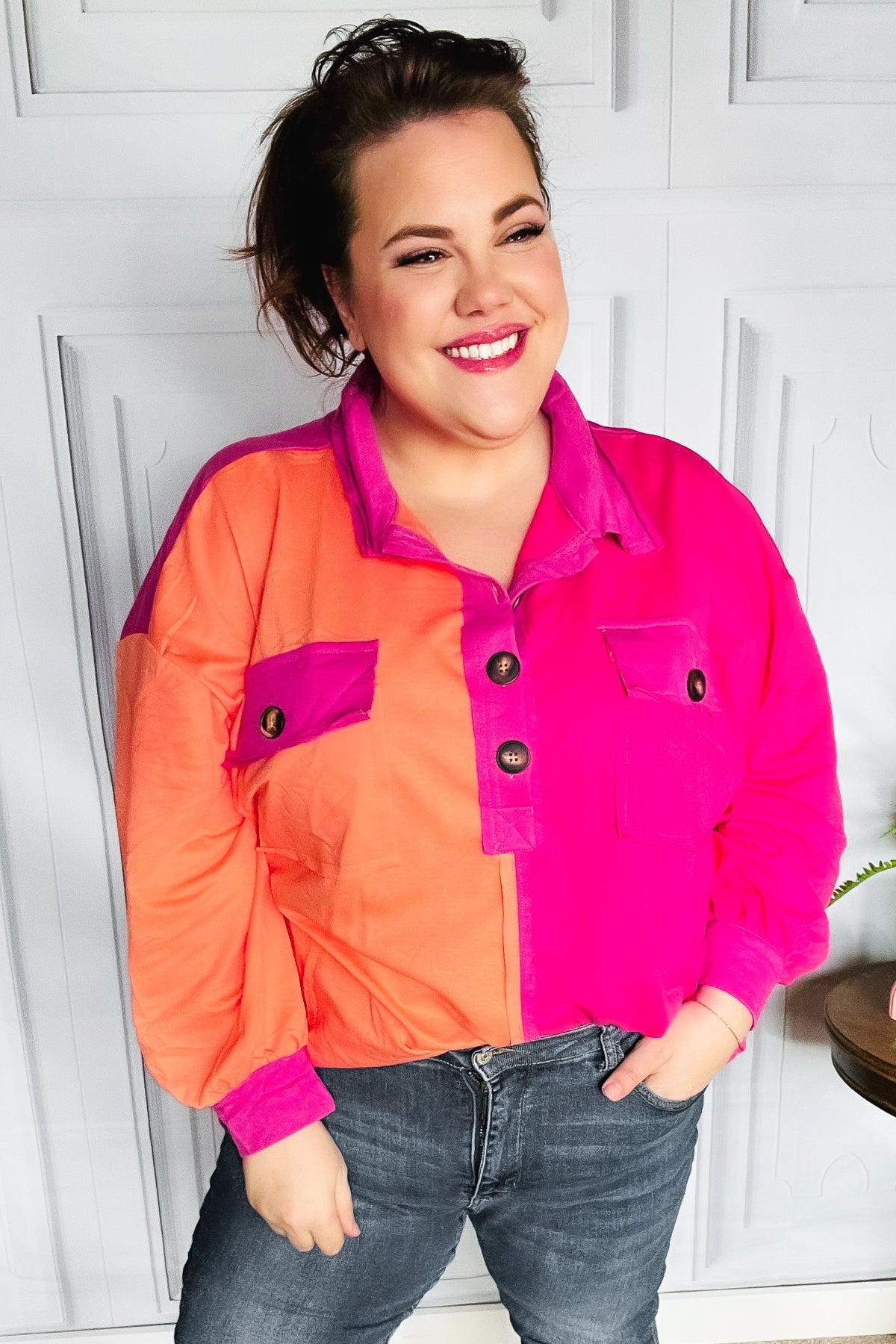 Haptics Feeling Bold Orange & Fuchsia Color Block Button Down Top