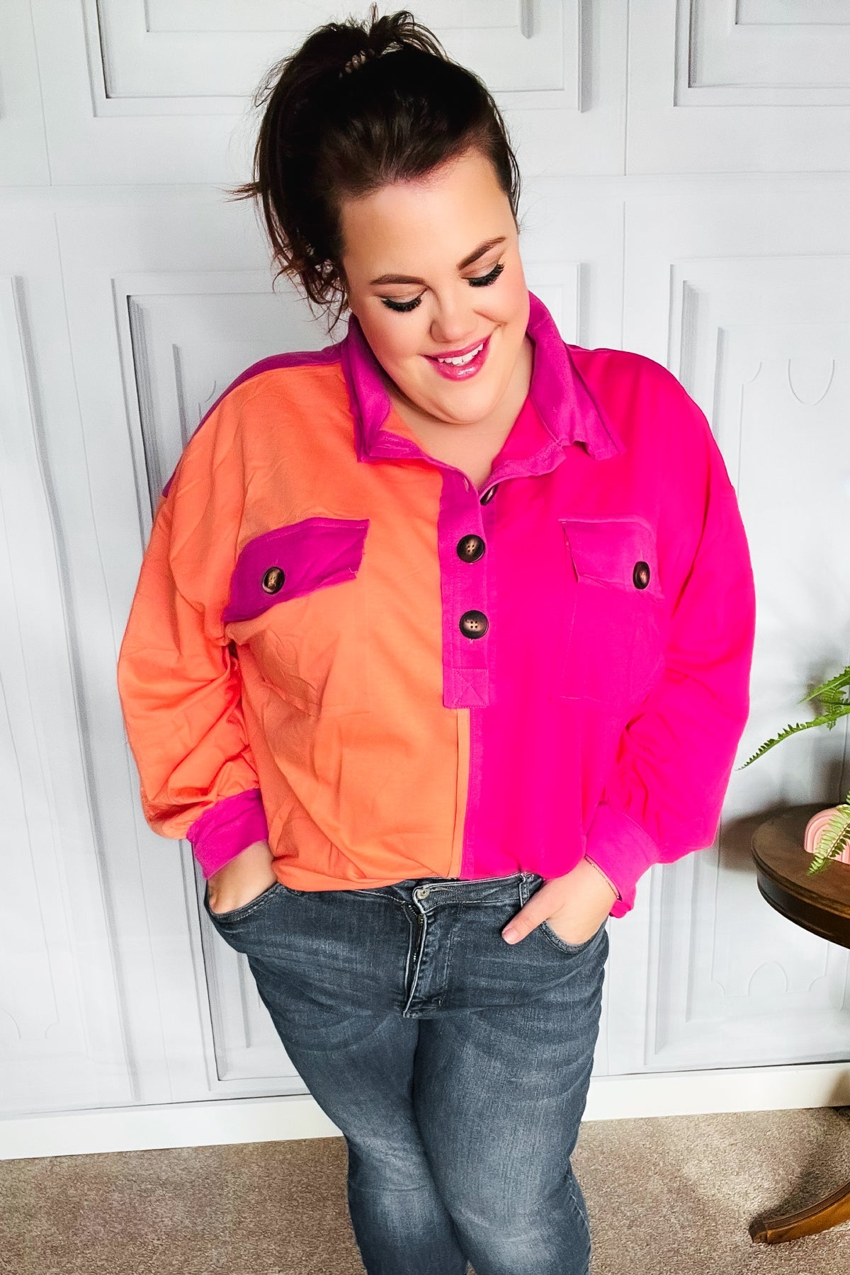 Haptics Feeling Bold Orange & Fuchsia Color Block Button Down Top