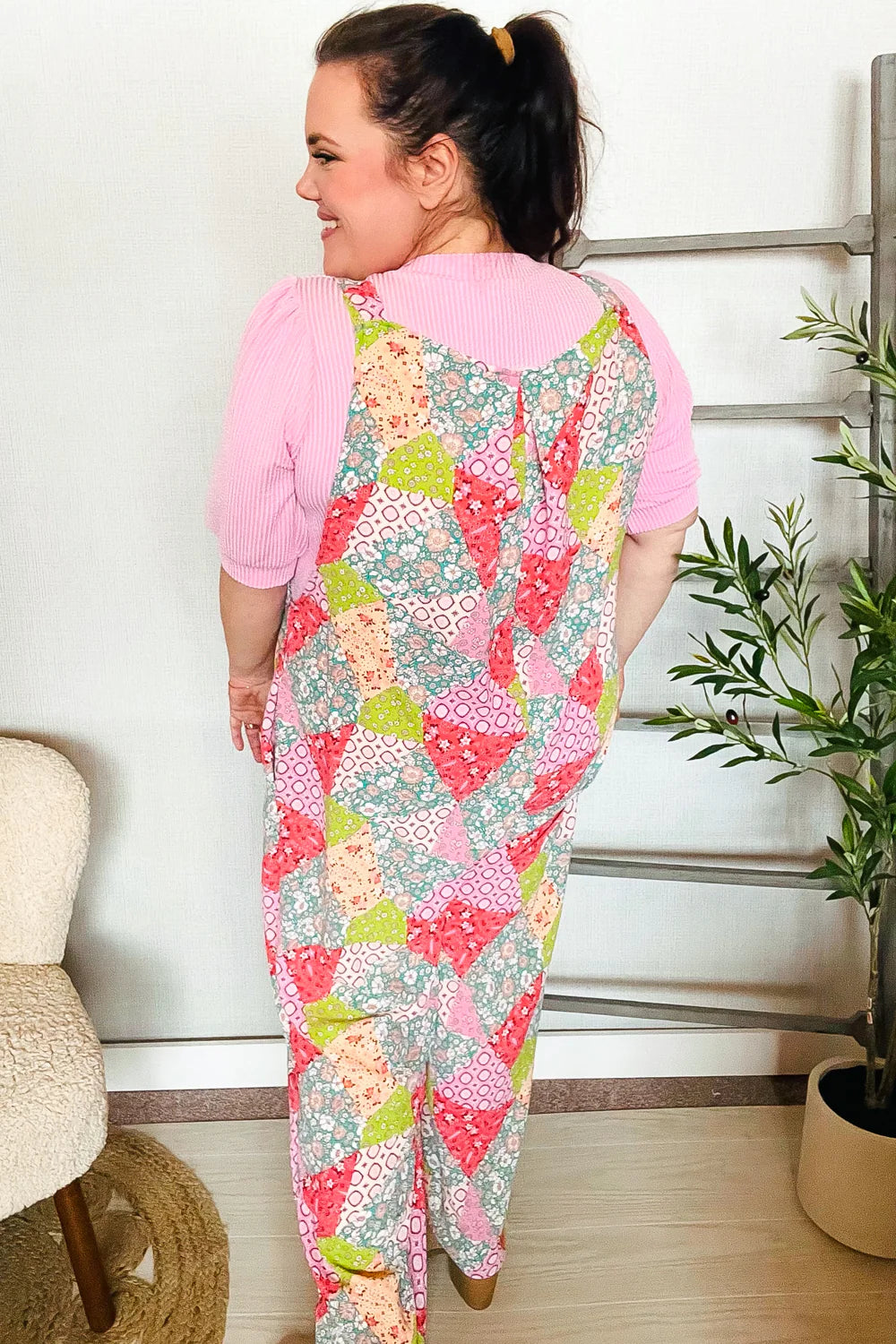 Haptics Stand Out Multicolor Boho Patchwork Wide Leg Overall Jumpsuit