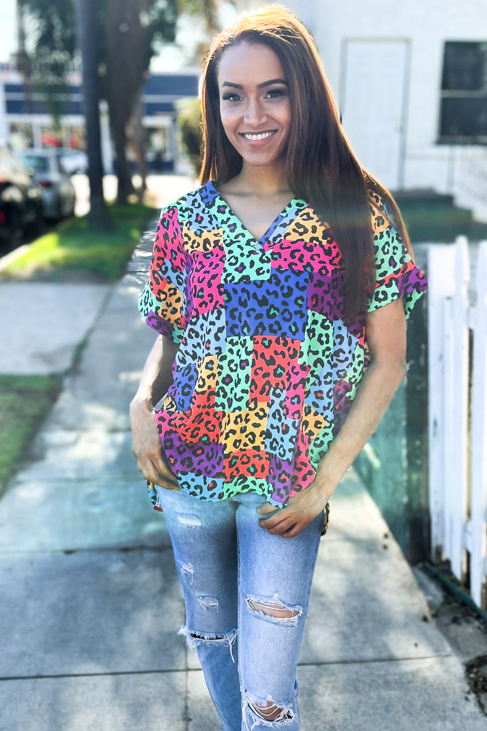 First Love Multicolor Neon Animal Patchwork V Neck Dolman Cap Sleeve Top