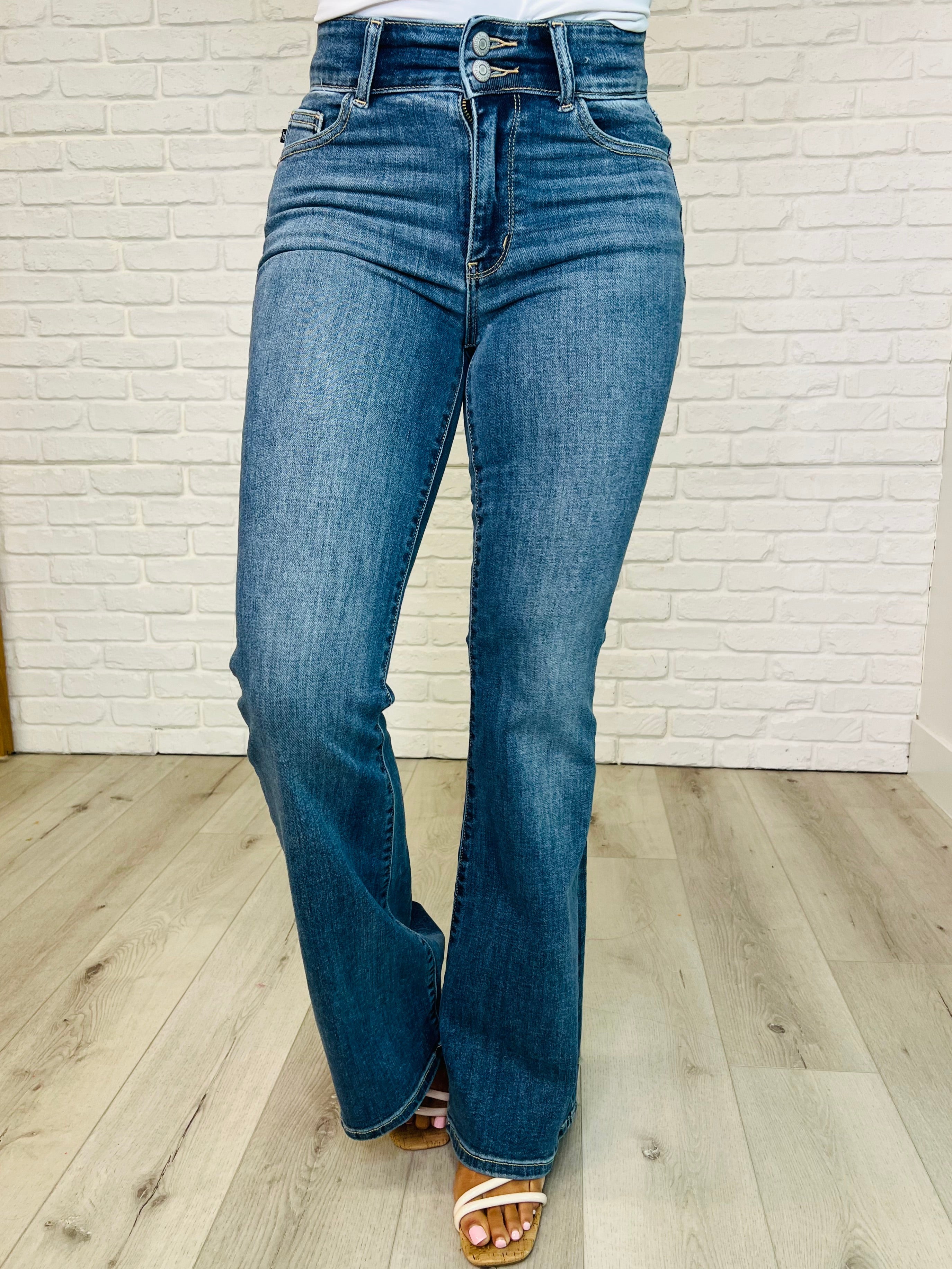 Judy Blue Ariana High Rise Double Button Waistband Flare Jeans Womens