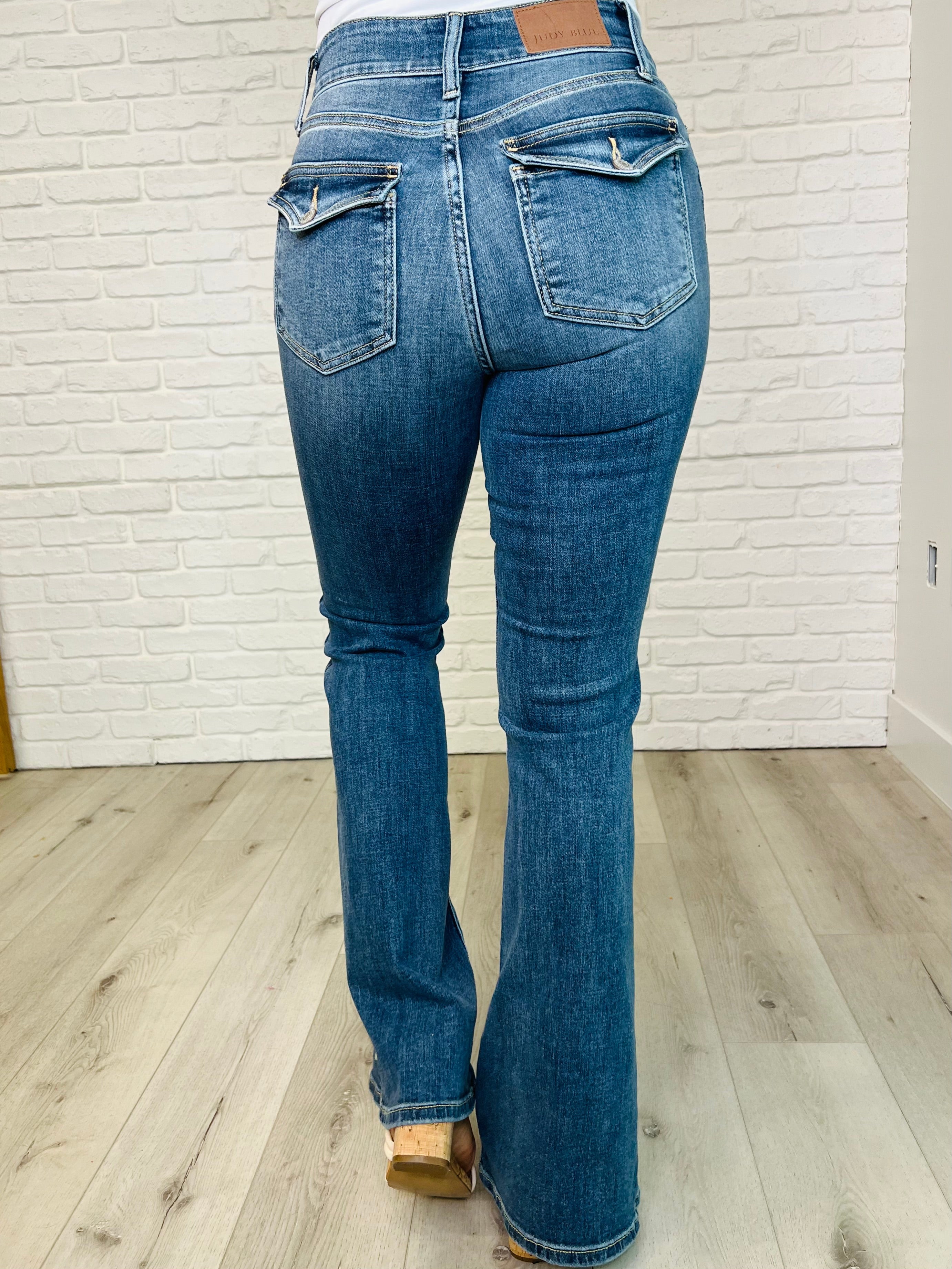 Judy Blue Ariana High Rise Double Button Waistband Flare Jeans Womens