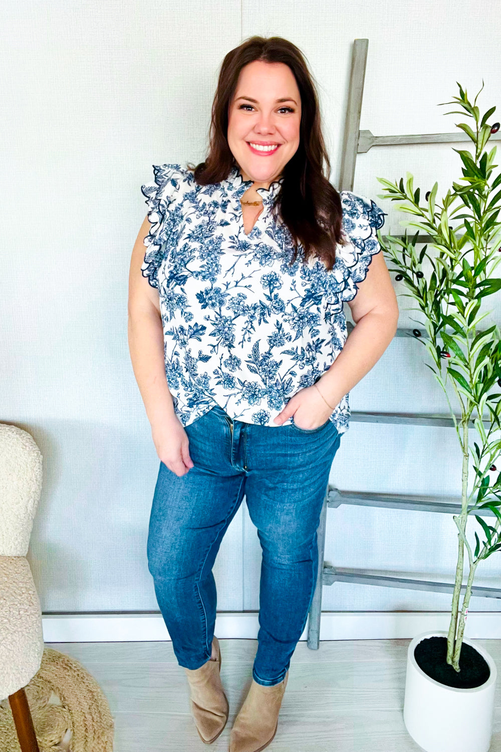 Haptics Navy/Ivory Embroidered Ruffle Sleeve Notch Neck Top