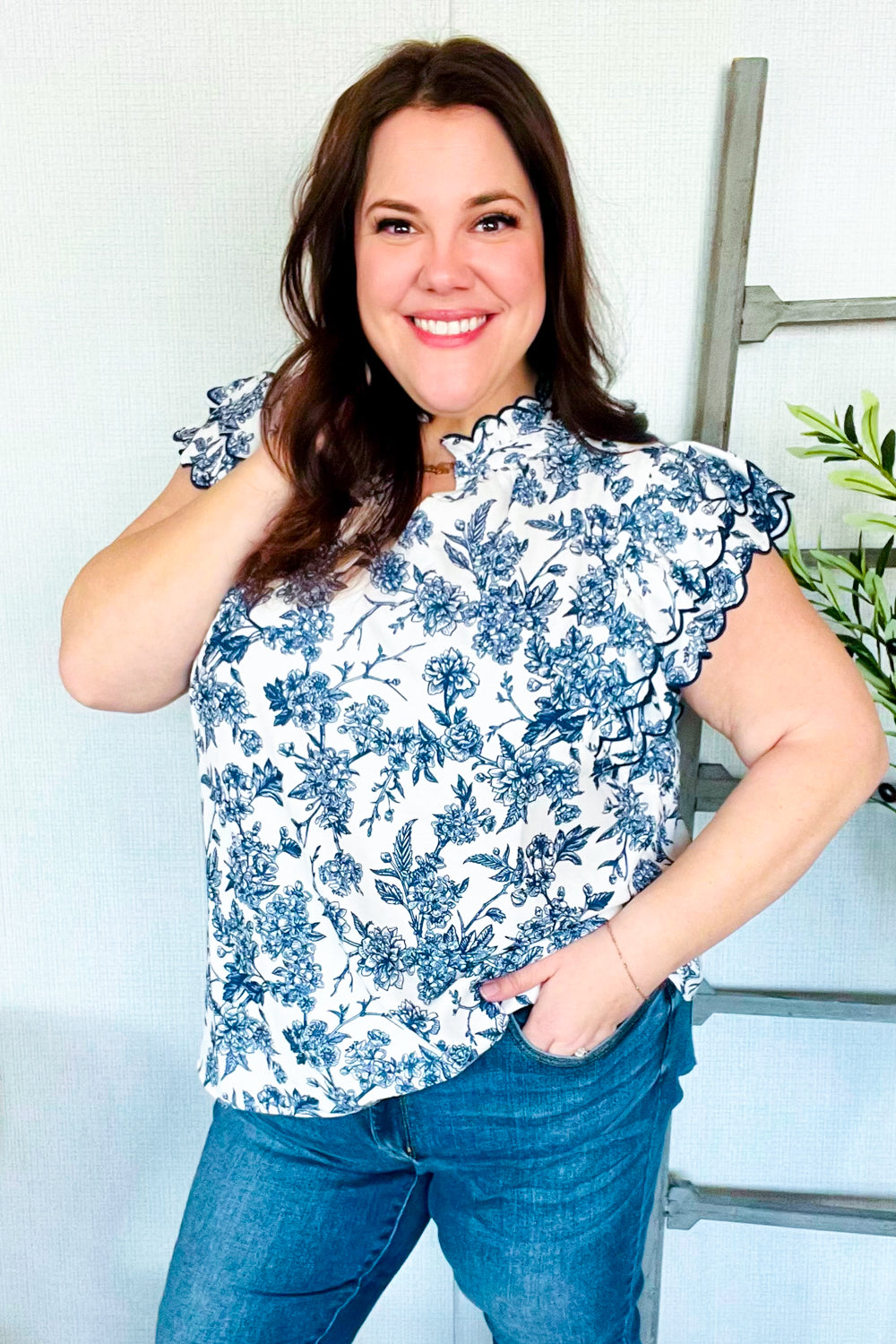 Haptics Navy/Ivory Embroidered Ruffle Sleeve Notch Neck Top