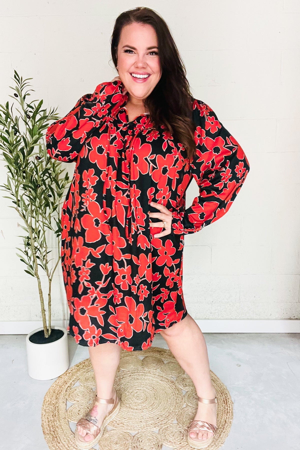 Haptics Boldly You Rust & Black Floral Print Front Tie Dress Final Sale