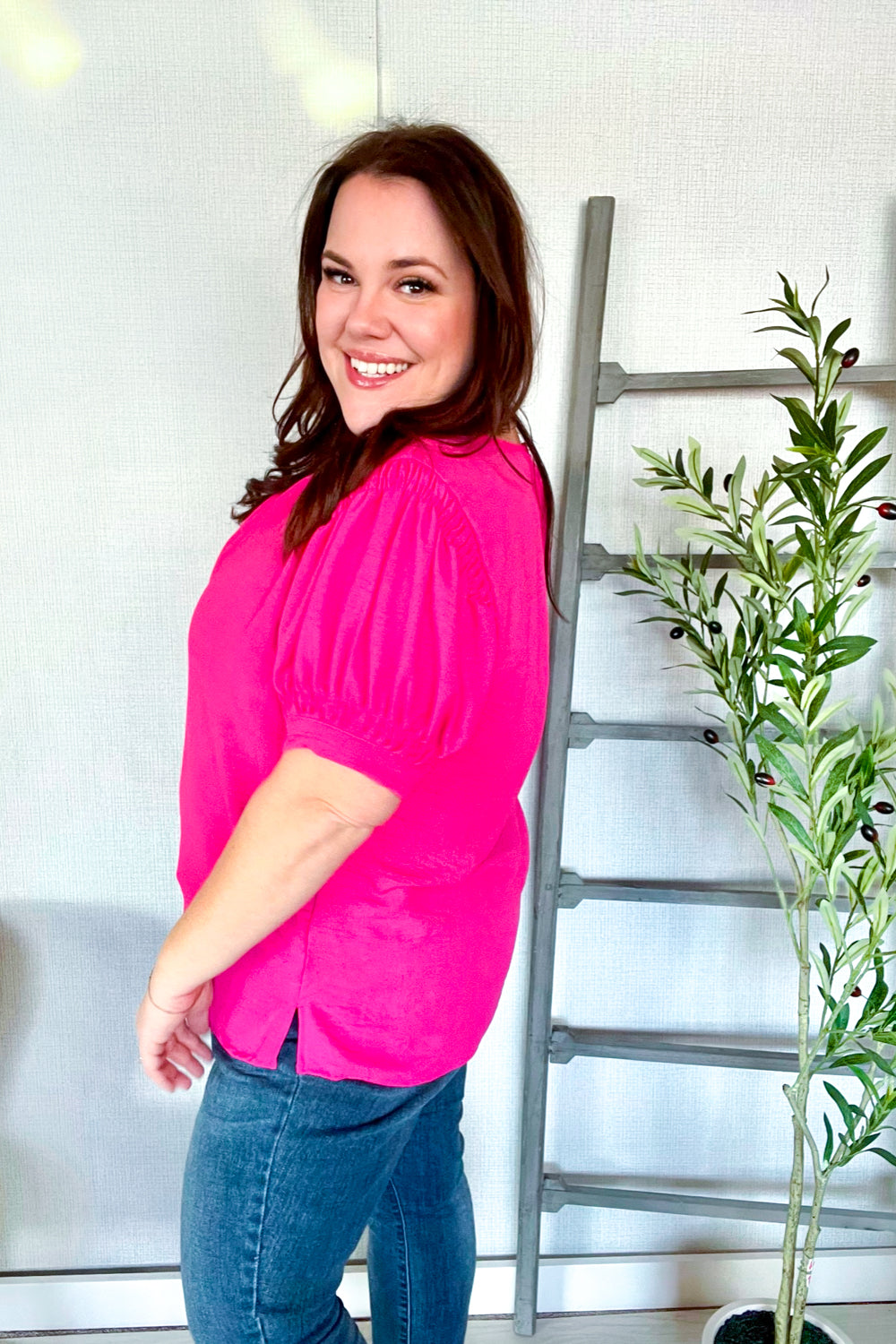Haptics Perfectly You Solid Fuchsia Silk Shirred Cap Short Sleeve Blouse