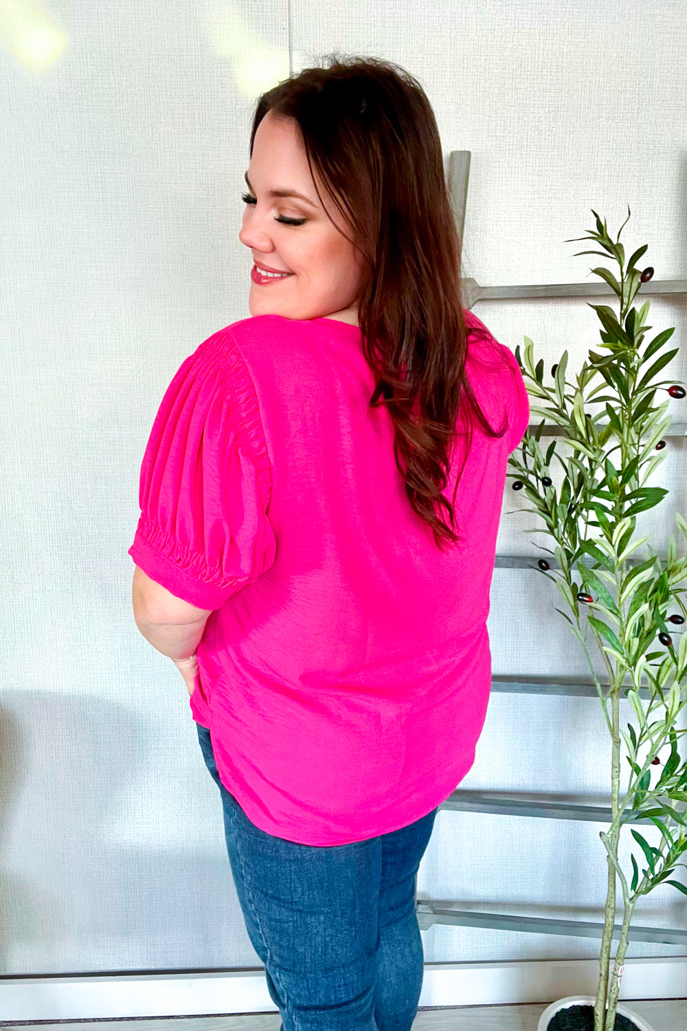 Haptics Perfectly You Solid Fuchsia Silk Shirred Cap Short Sleeve Blouse