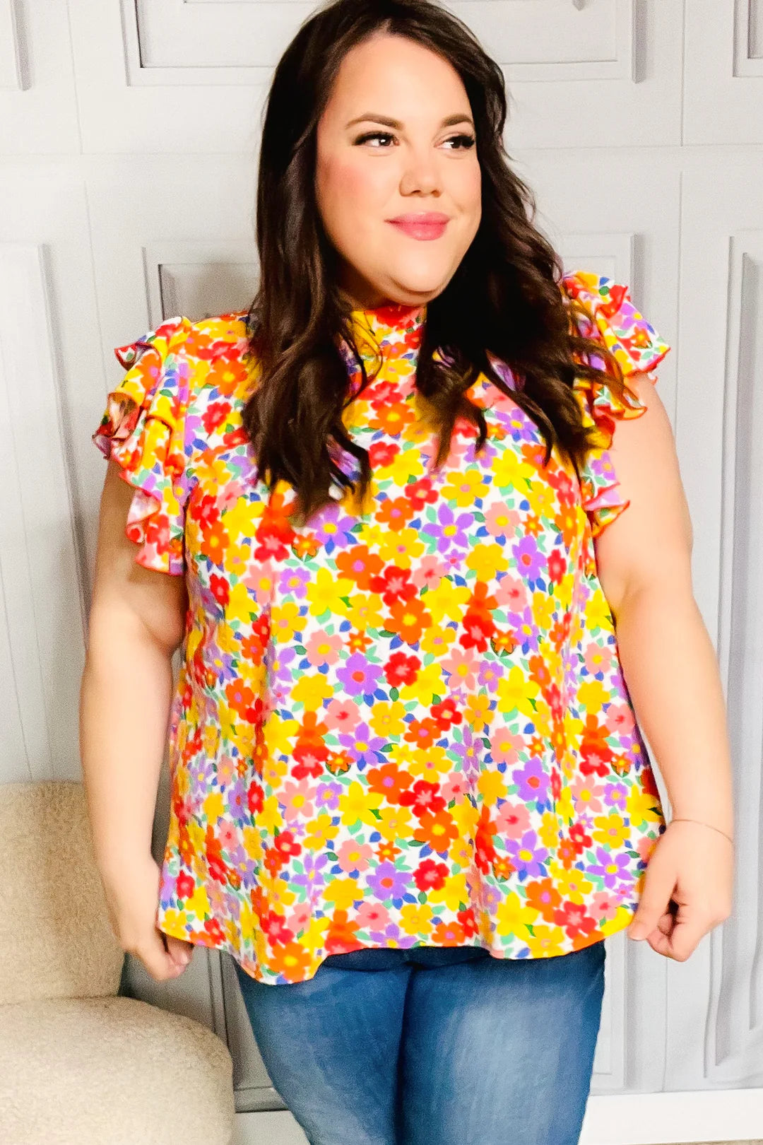 Haptics Flower Power Ivory & Red Floral Mock Neck Flutter Sleeve Top