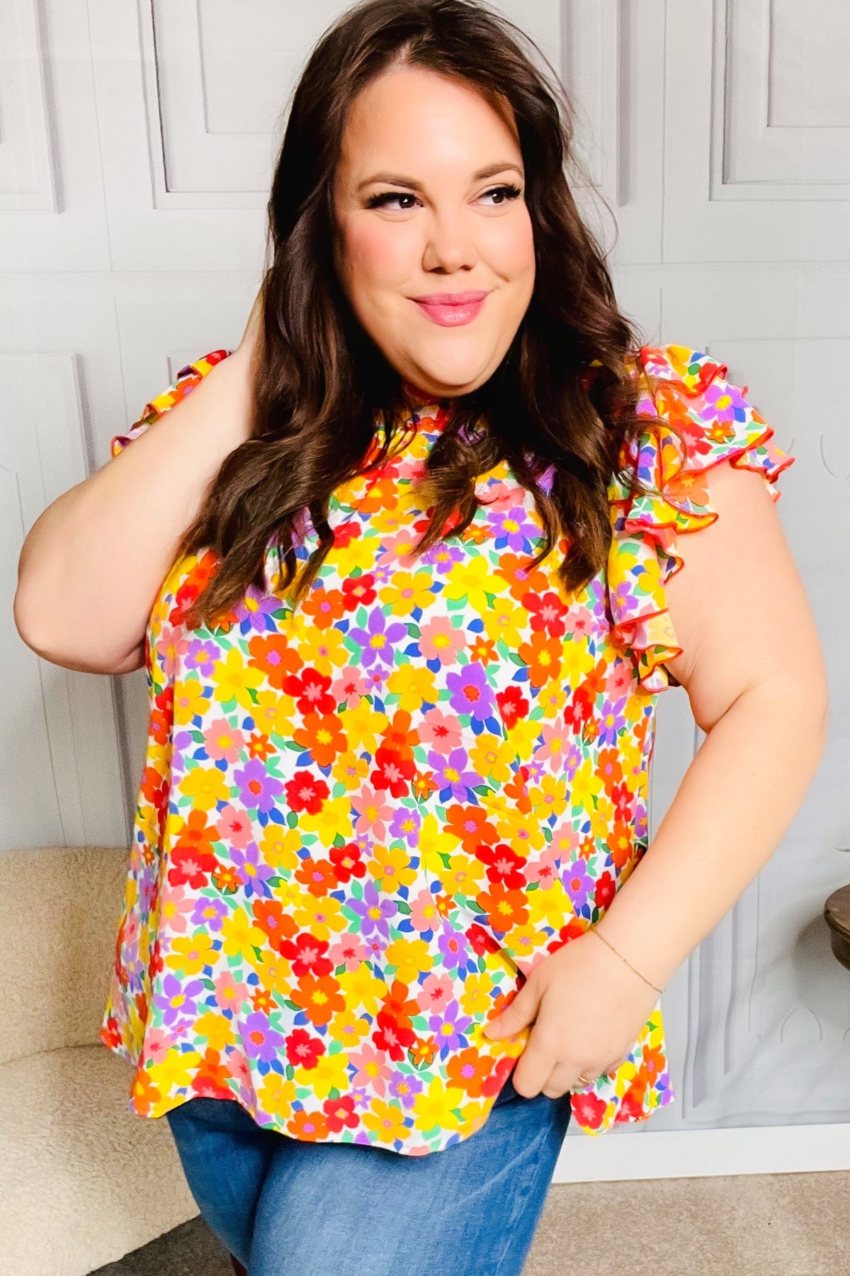 Large Haptics Flower Power Ivory & Red Floral Mock Neck Flutter Sleeve Top Final Sale