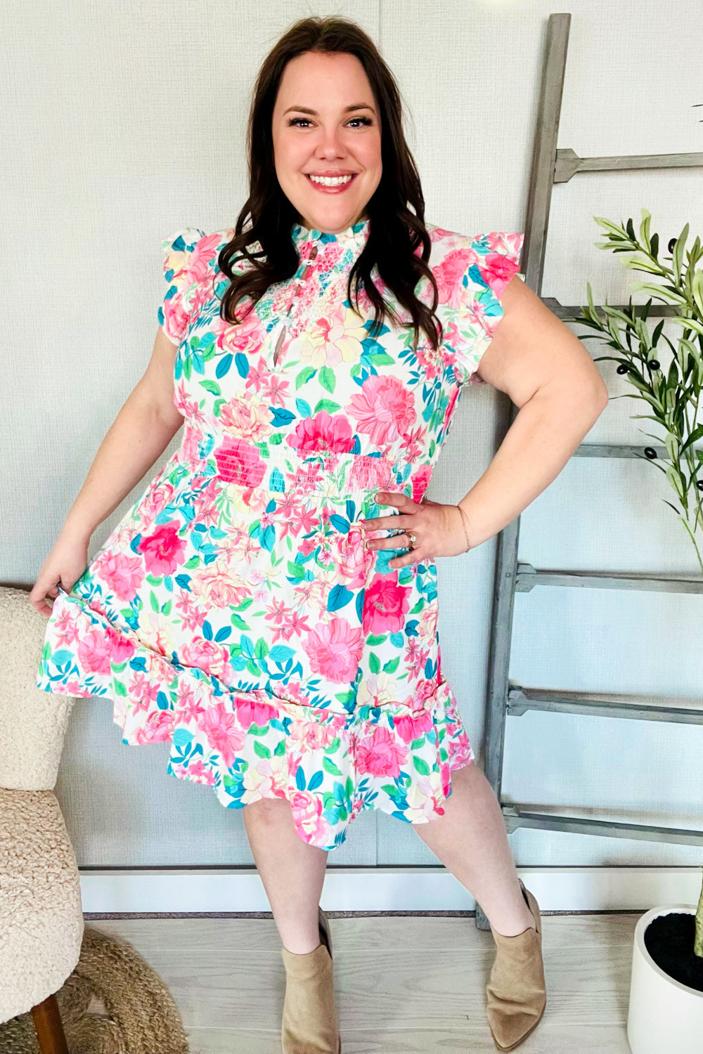 Haptics Floral Smocked Flutter Sleeve Ruffle Mini Dress