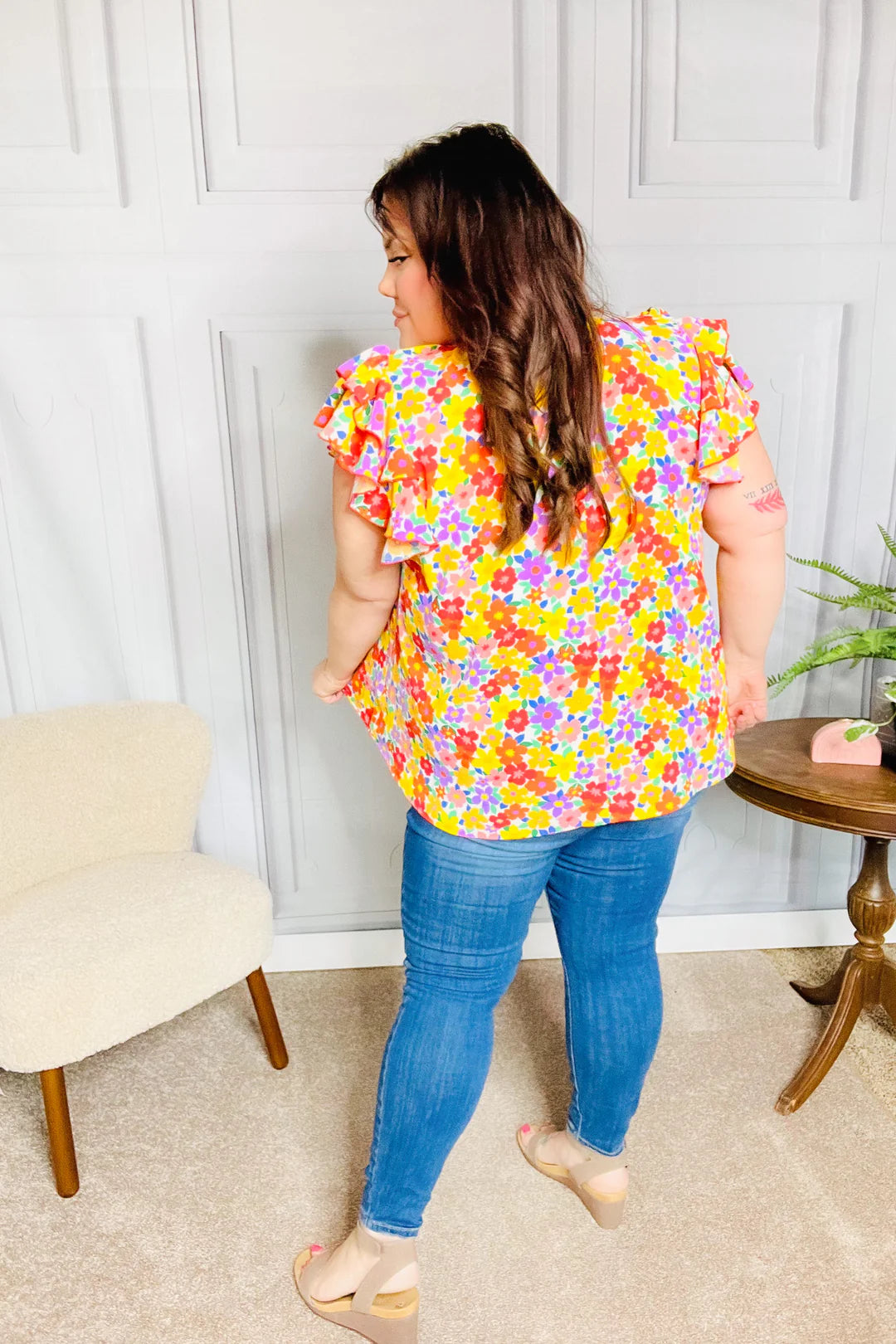 Haptics Flower Power Ivory & Red Floral Mock Neck Flutter Sleeve Top