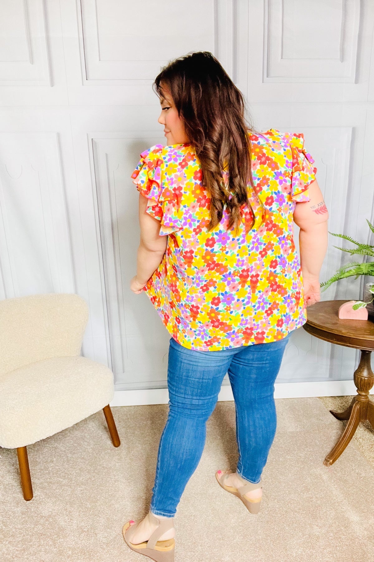 Large Haptics Flower Power Ivory & Red Floral Mock Neck Flutter Sleeve Top Final Sale