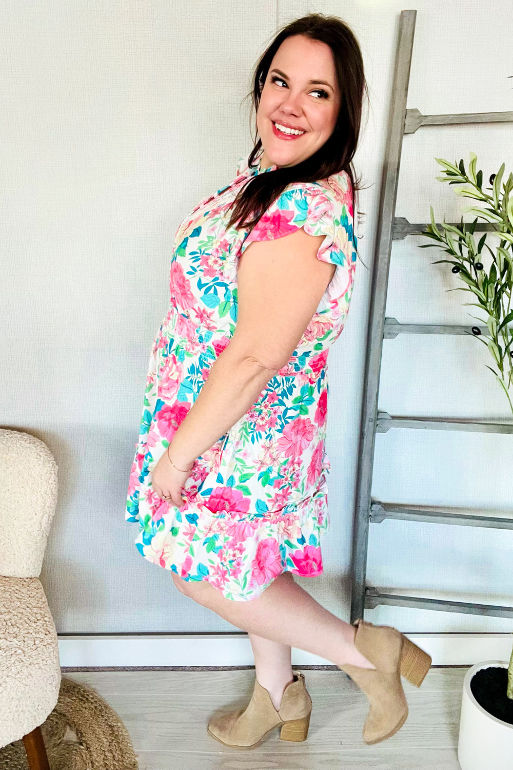 Haptics Floral Smocked Flutter Sleeve Ruffle Mini Dress