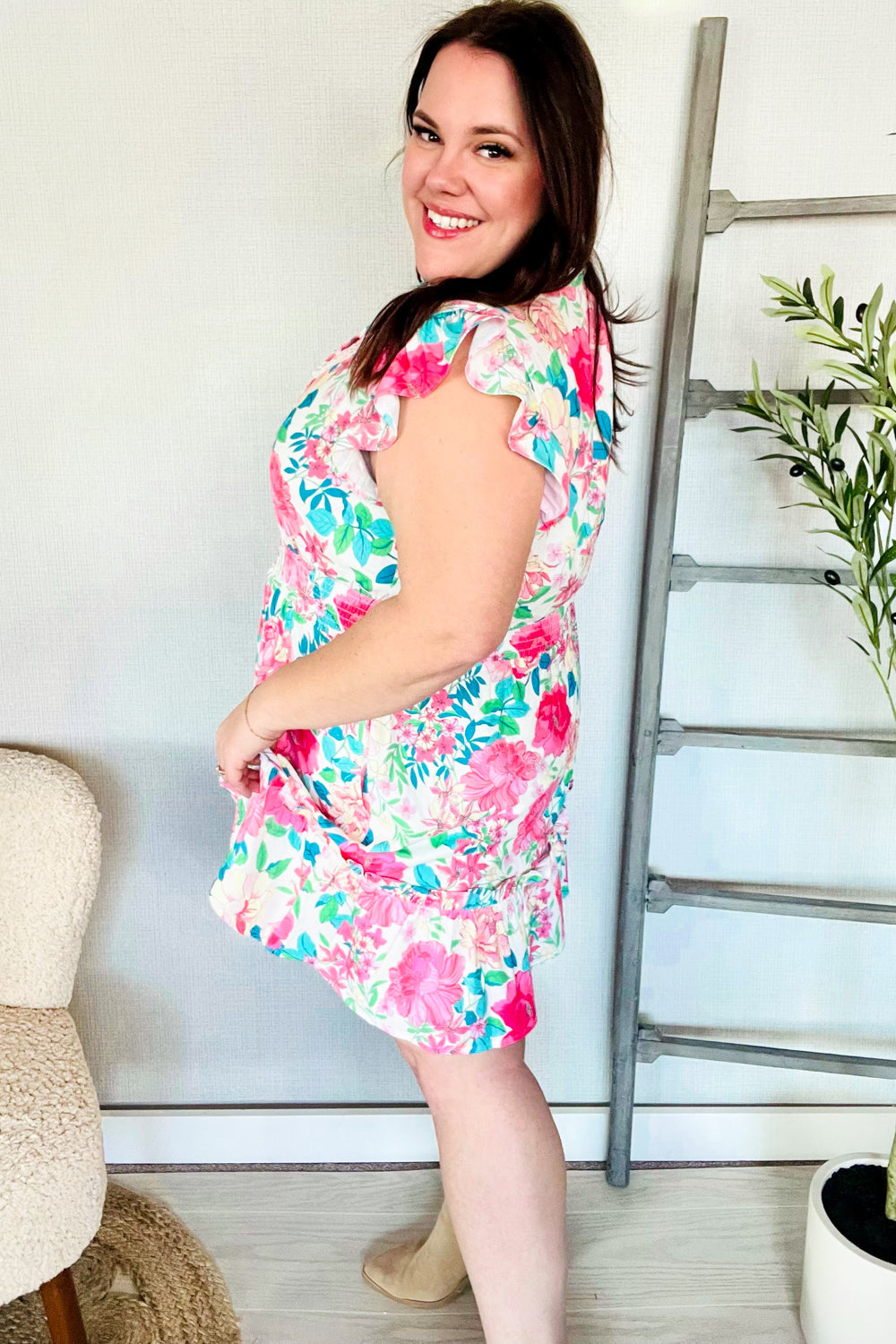 Haptics Floral Smocked Flutter Sleeve Ruffle Mini Dress