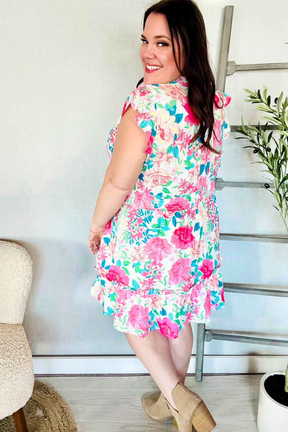 Haptics Floral Smocked Flutter Sleeve Ruffle Mini Dress