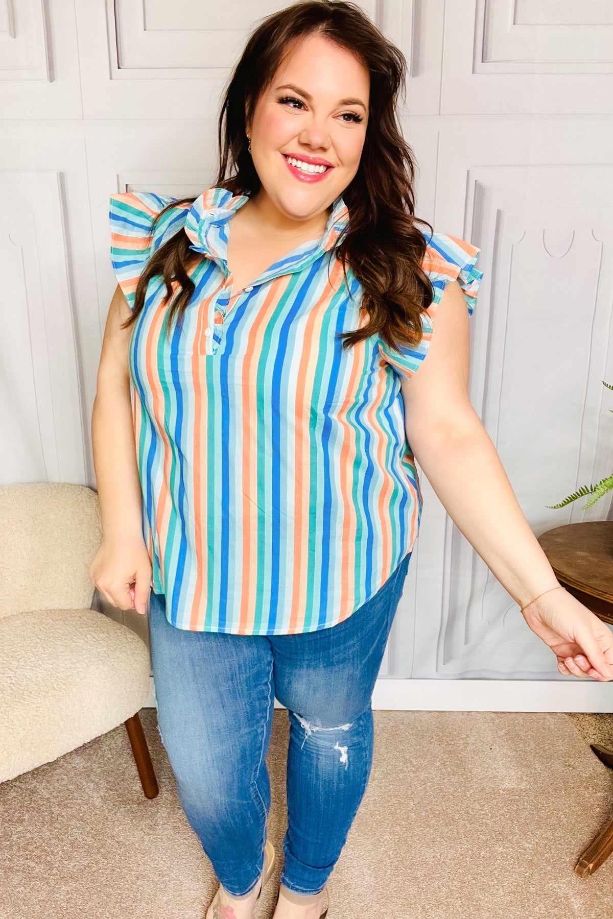 Haptics Happy Thoughts Sky Blue Striped Frill Button Down Top Final Sale