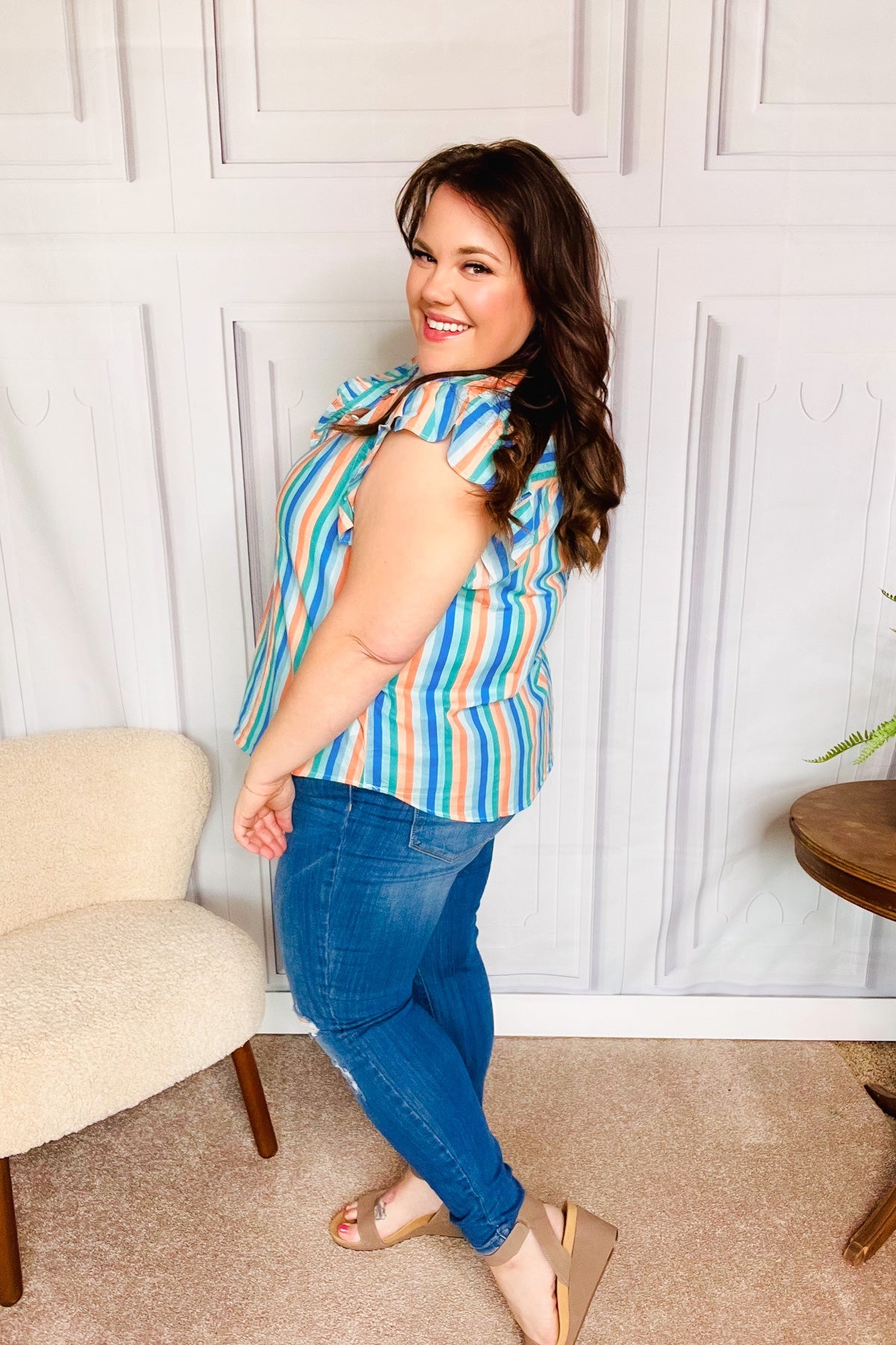 Haptics Happy Thoughts Sky Blue Striped Frill Button Down Top Final Sale