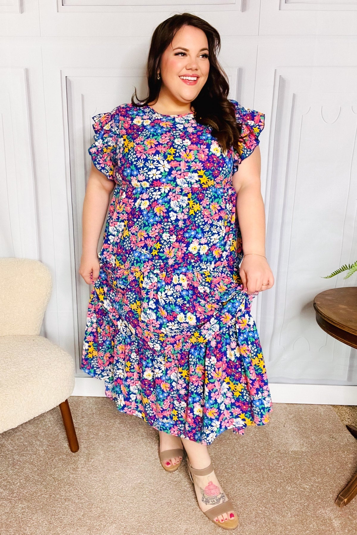 Haptics Just A Dream Navy Floral Smocked Ruffle Sleeve Maxi Dress